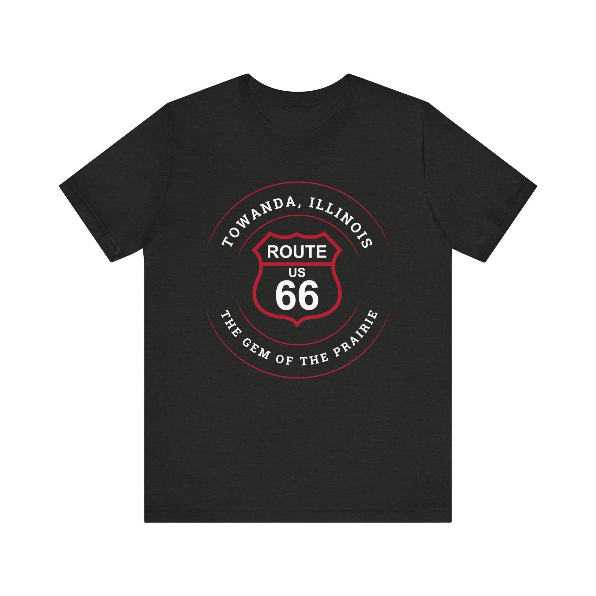 Black heather retro Route 66 unisex jersey tee with Towanda, IL: "Gem of the Prairie" design