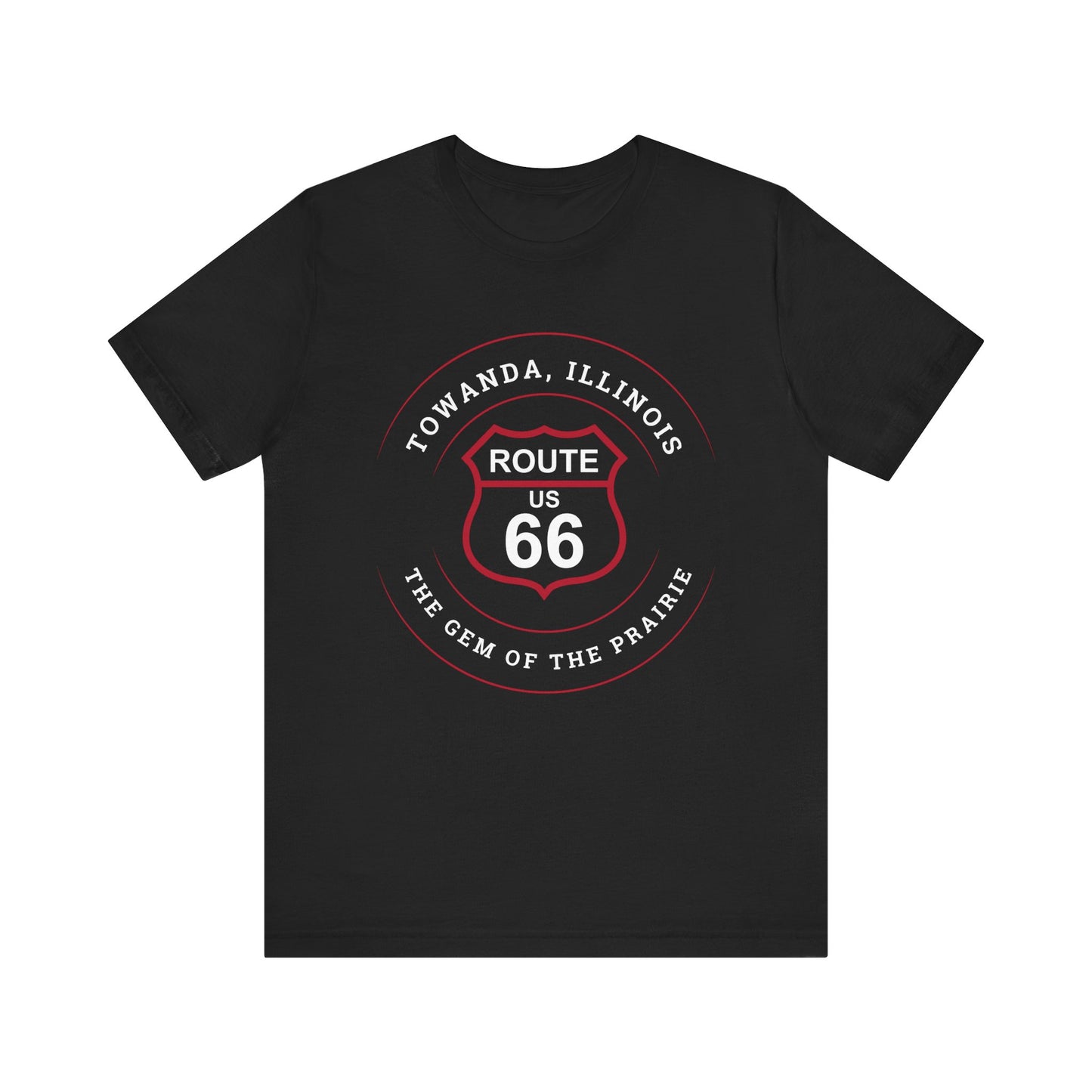 Black retro Route 66 unisex jersey tee with Towanda, IL: "Gem of the Prairie" design