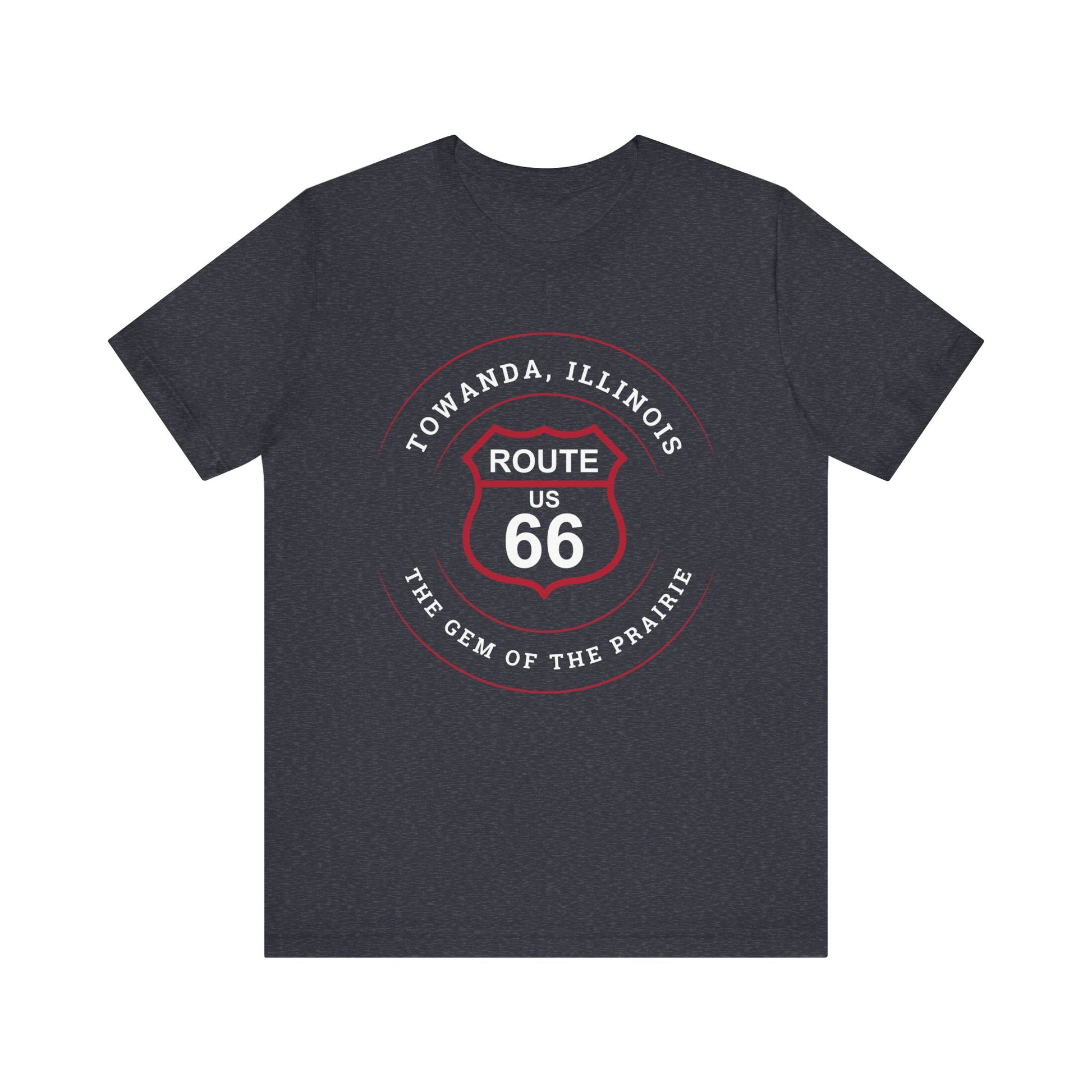 Heather navy retro Route 66 unisex jersey tee with Towanda, IL: "Gem of the Prairie" design