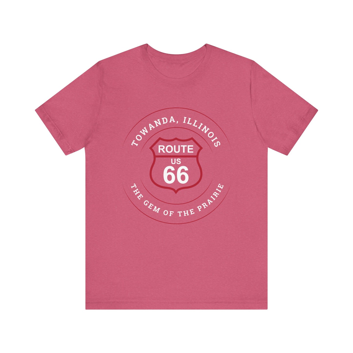 Heather raspberry retro Route 66 unisex jersey tee with Towanda, IL: "Gem of the Prairie" design