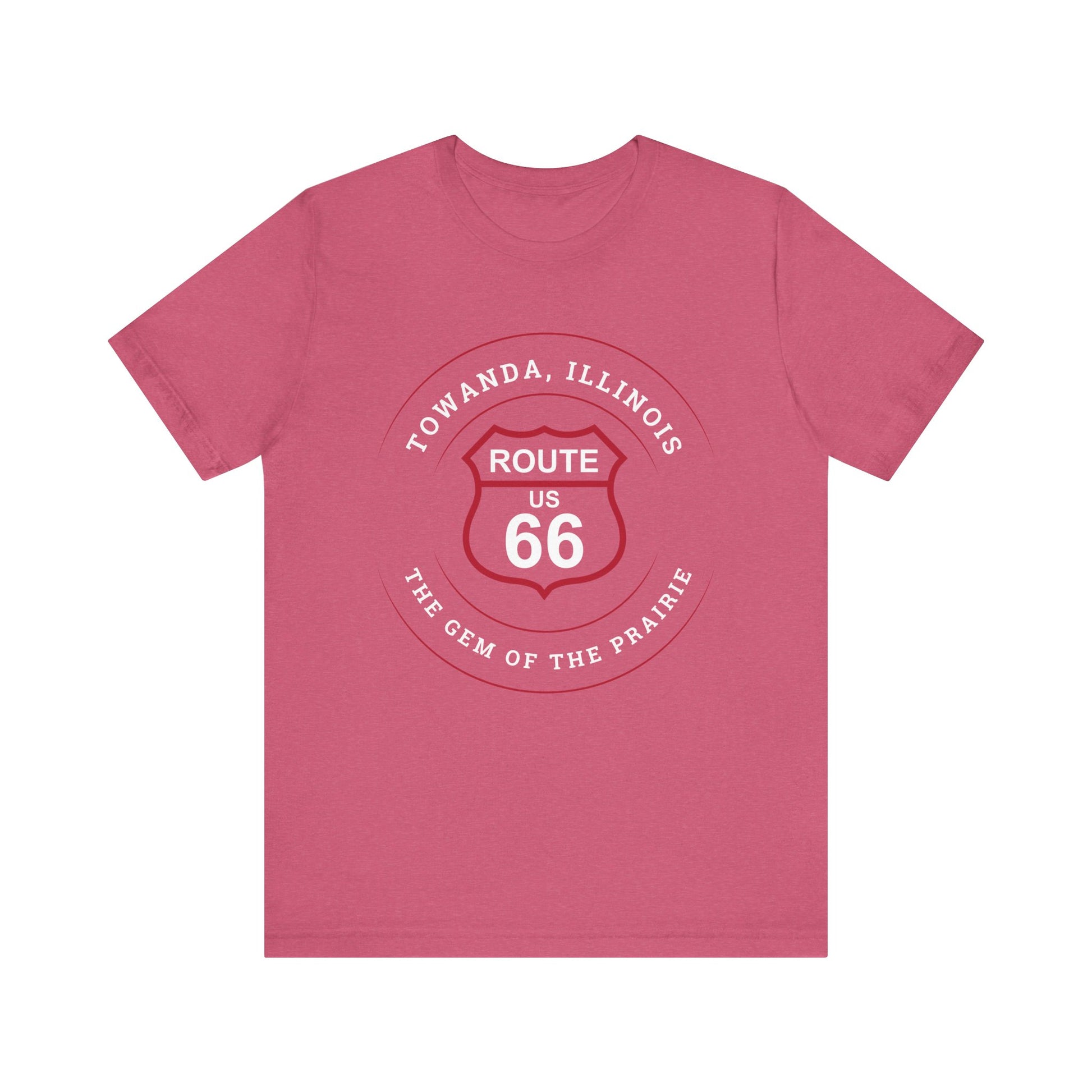 Heather raspberry retro Route 66 unisex jersey tee with Towanda, IL: "Gem of the Prairie" design