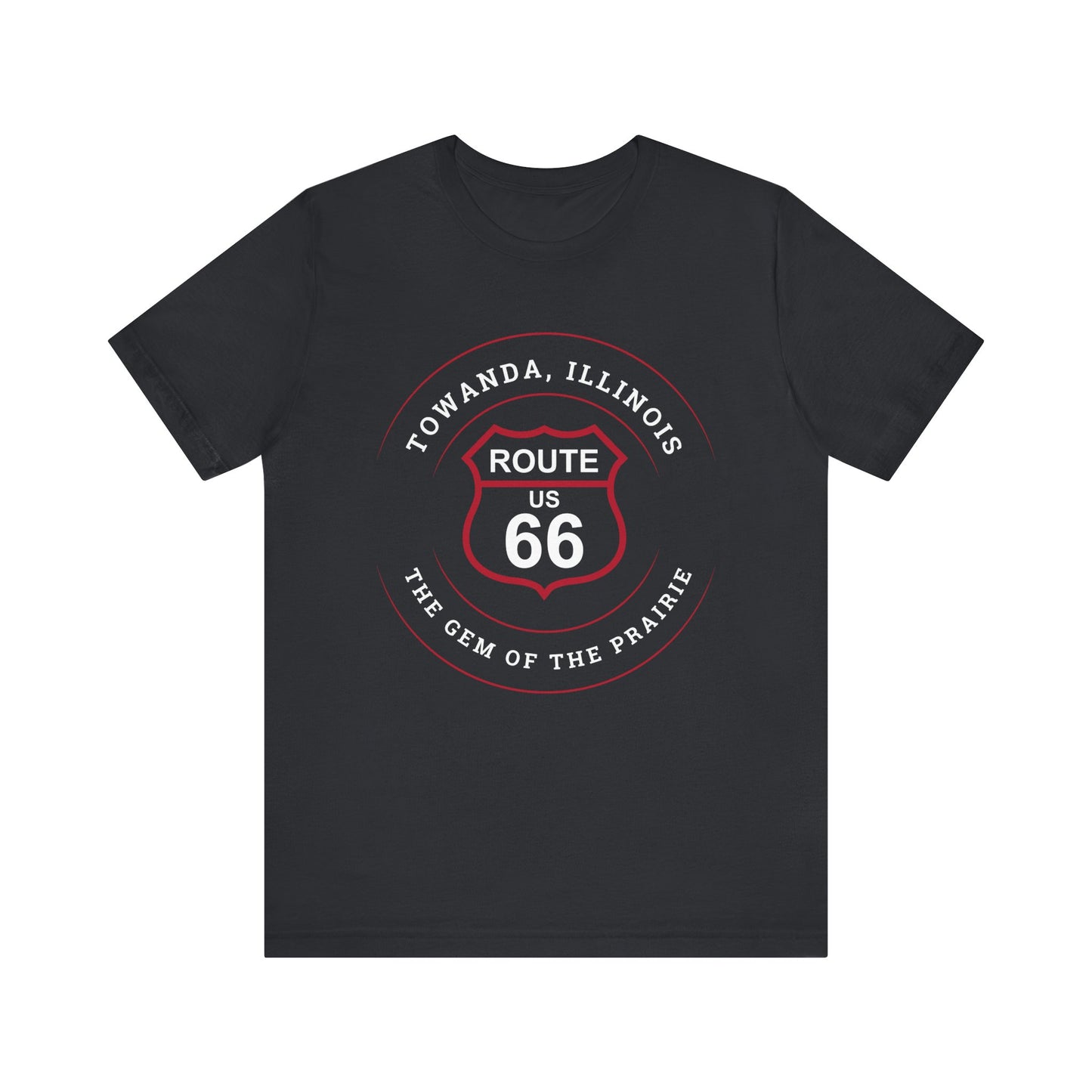 Vintage black retro Route 66 unisex jersey tee with Towanda, IL: "Gem of the Prairie" design