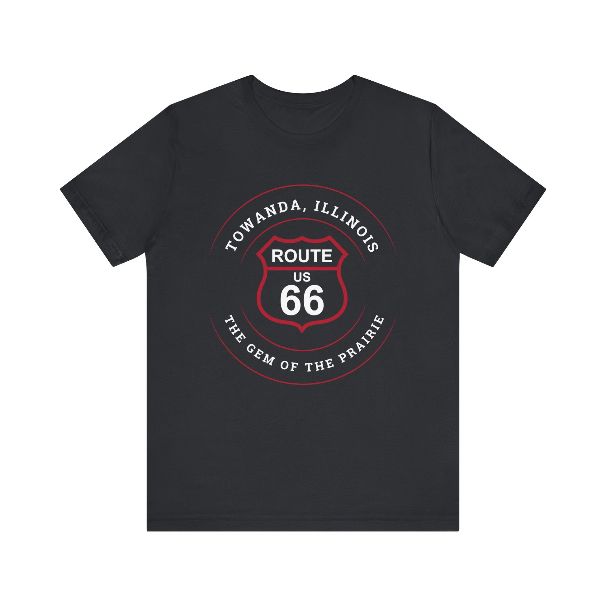 Vintage black retro Route 66 unisex jersey tee with Towanda, IL: "Gem of the Prairie" design