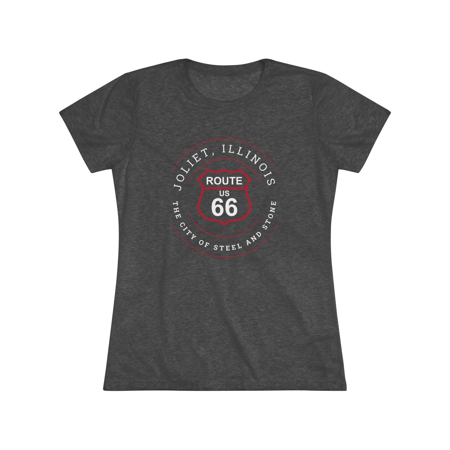 Tri-blend vintage black retro Route 66 unisex jersey tee with Joliet, IL: "The City of Steel and Stone" design