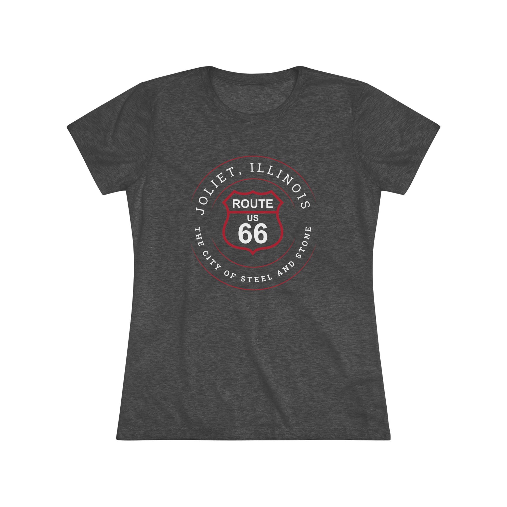 Tri-blend vintage black retro Route 66 unisex jersey tee with Joliet, IL: "The City of Steel and Stone" design