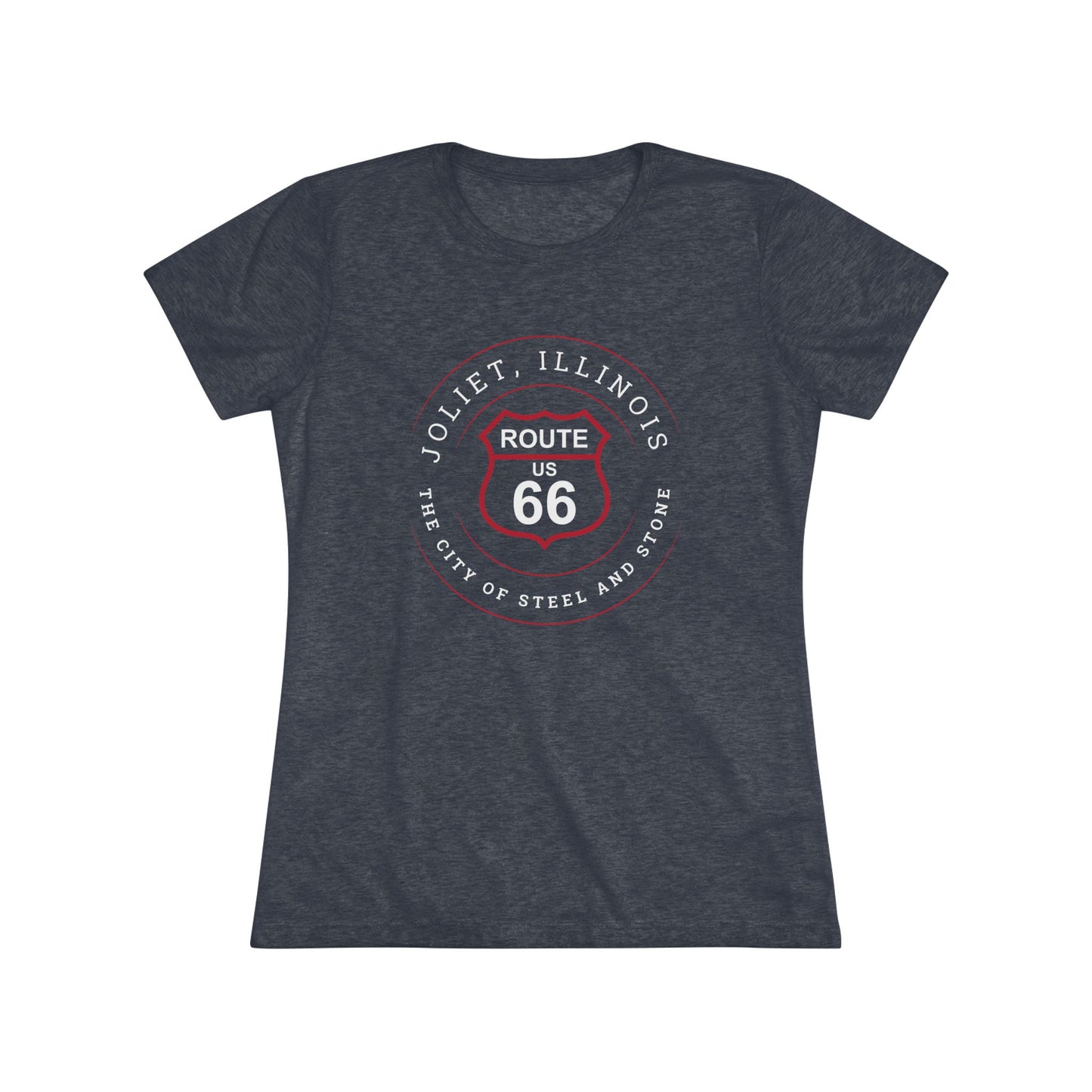 Tri-blend vintage navy retro Route 66 unisex jersey tee with Joliet, IL: "The City of Steel and Stone" design