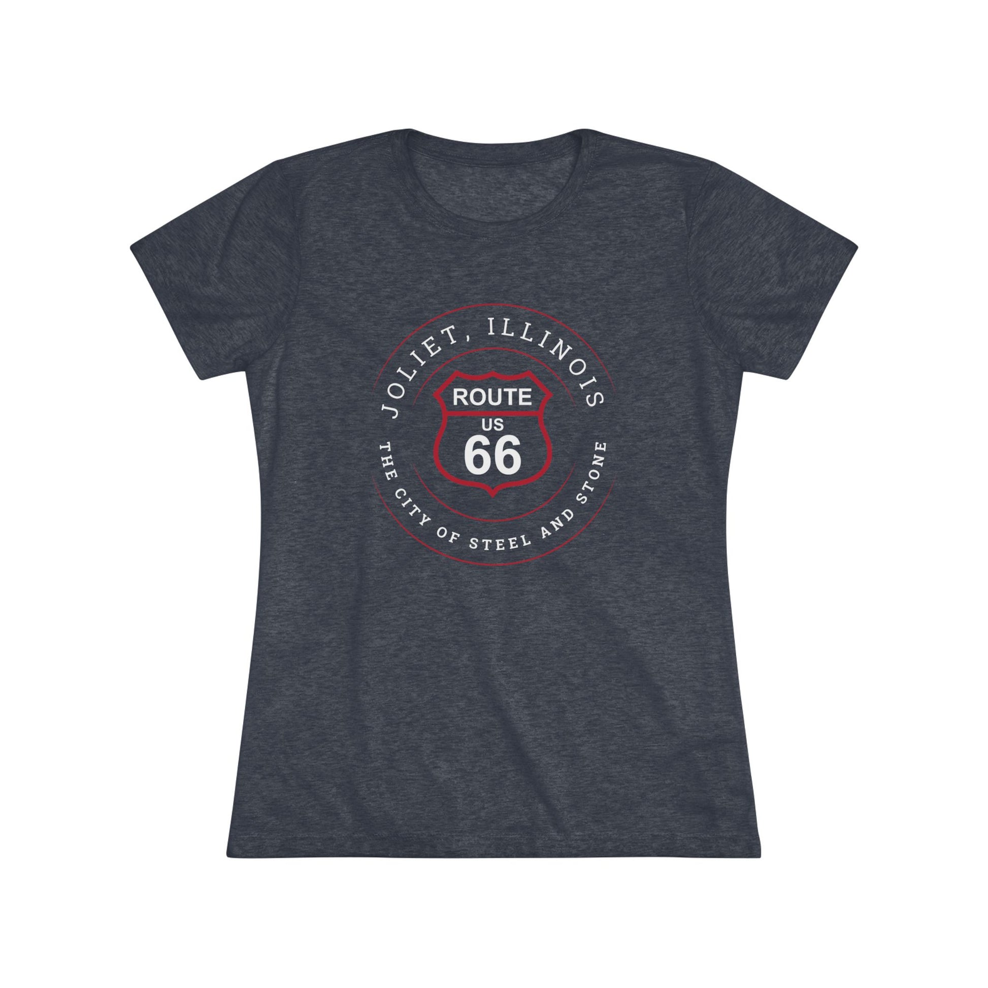 Tri-blend vintage navy retro Route 66 unisex jersey tee with Joliet, IL: "The City of Steel and Stone" design