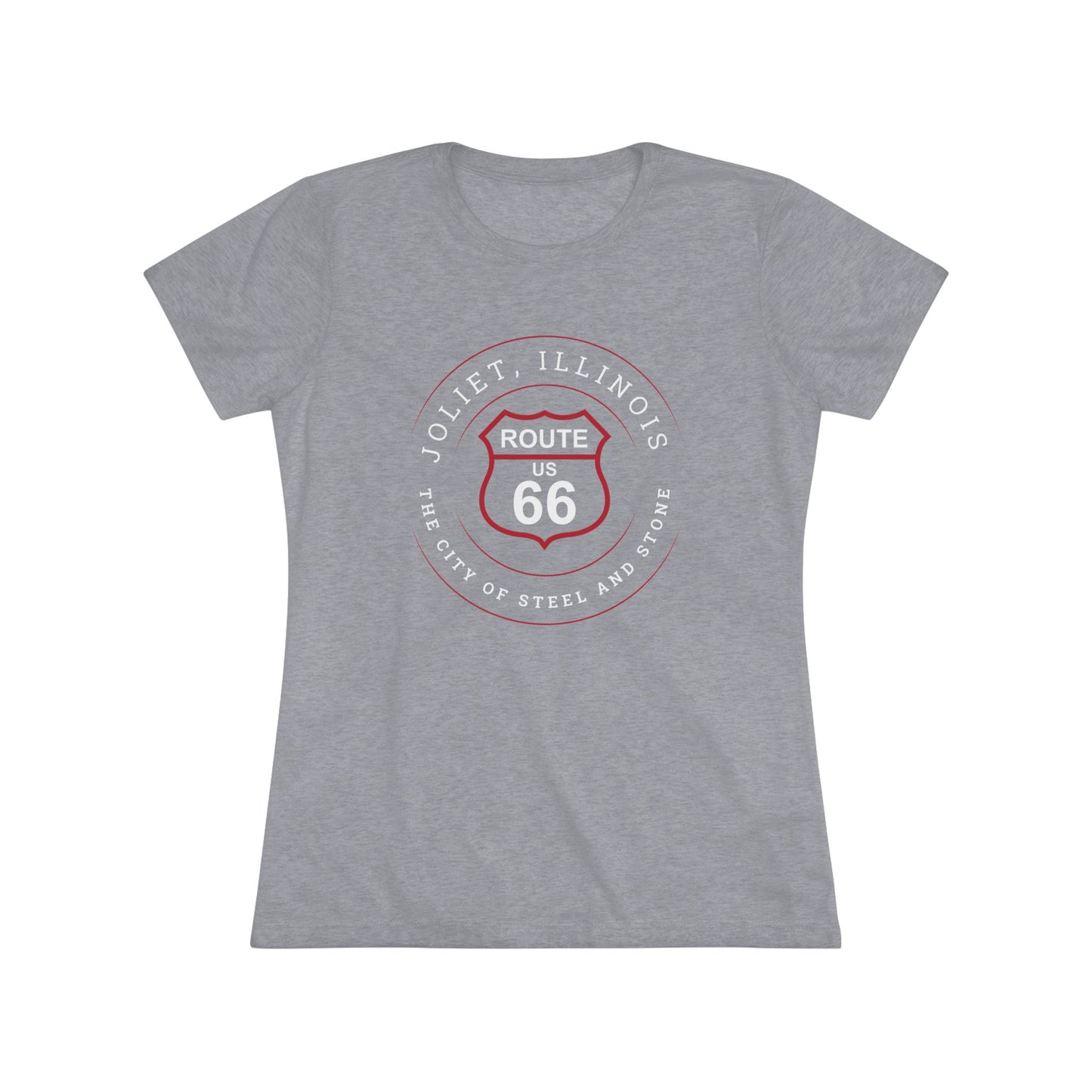Tri-blend premium heather retro Route 66 unisex jersey tee with Joliet, IL: "The City of Steel and Stone" design