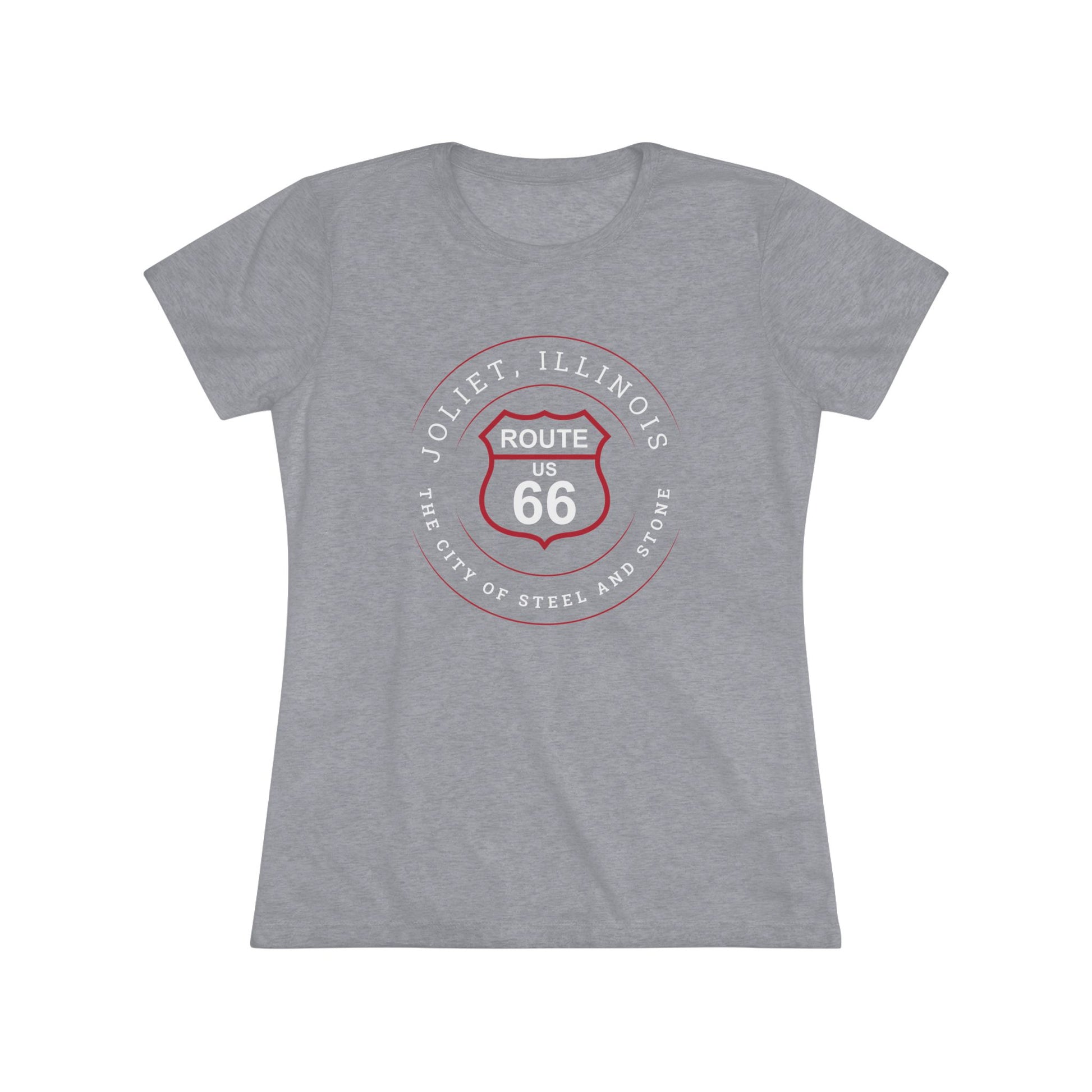 Tri-blend premium heather retro Route 66 unisex jersey tee with Joliet, IL: "The City of Steel and Stone" design