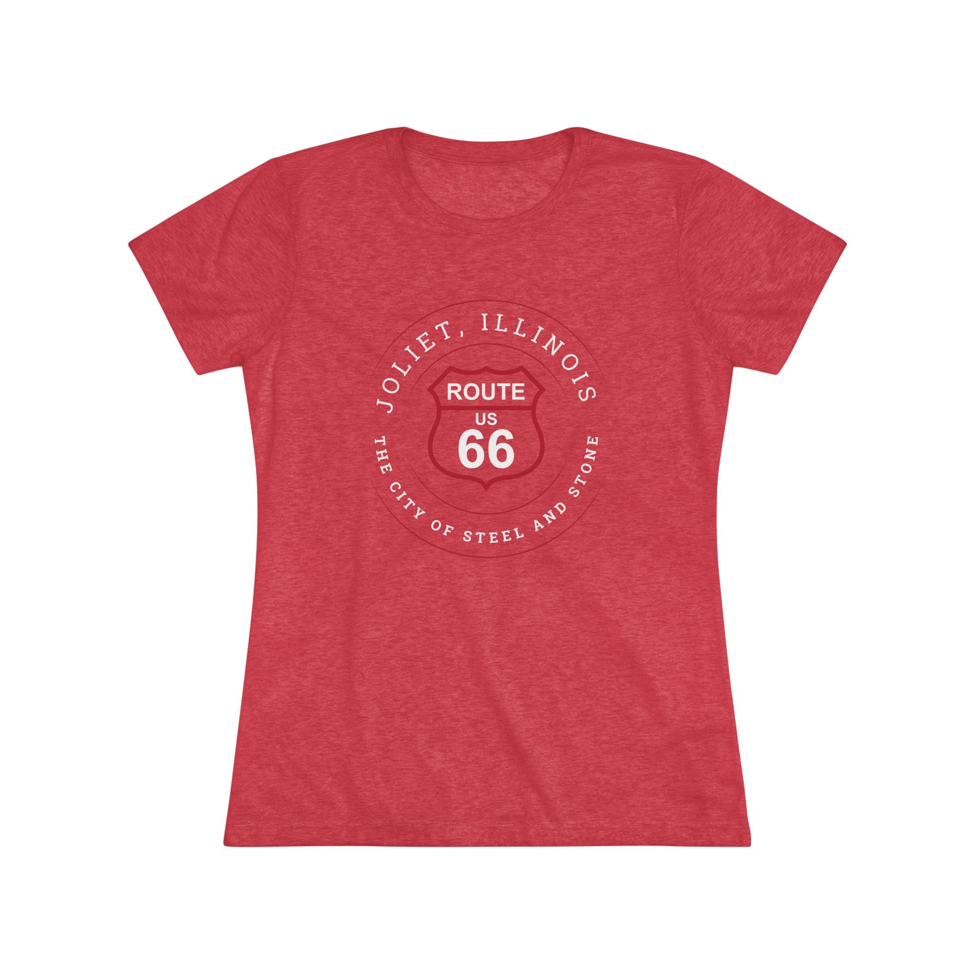 Tri-blend vintage red retro Route 66 unisex jersey tee with Joliet, IL: "The City of Steel and Stone" design