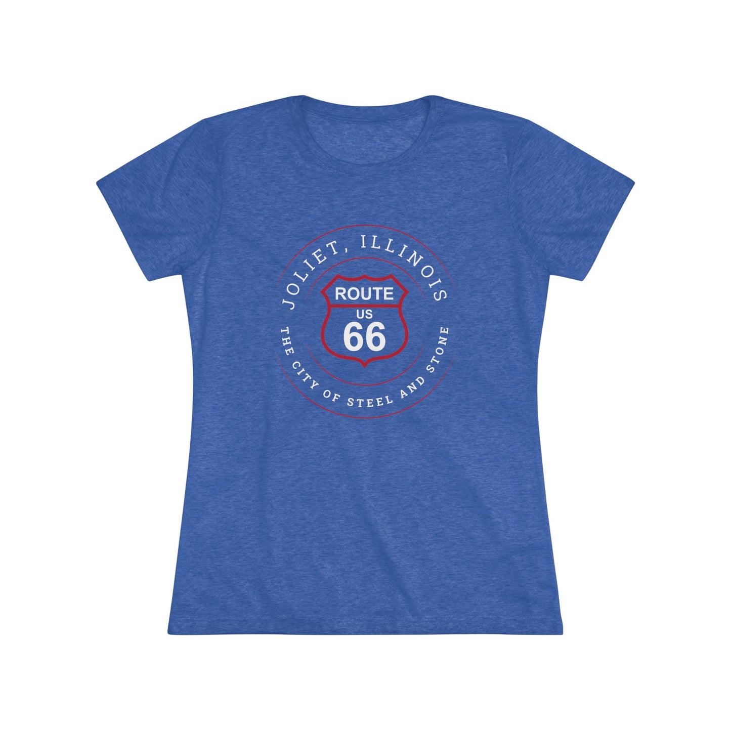 Tri-blend vintage royal retro Route 66 unisex jersey tee with Joliet, IL: "The City of Steel and Stone" design