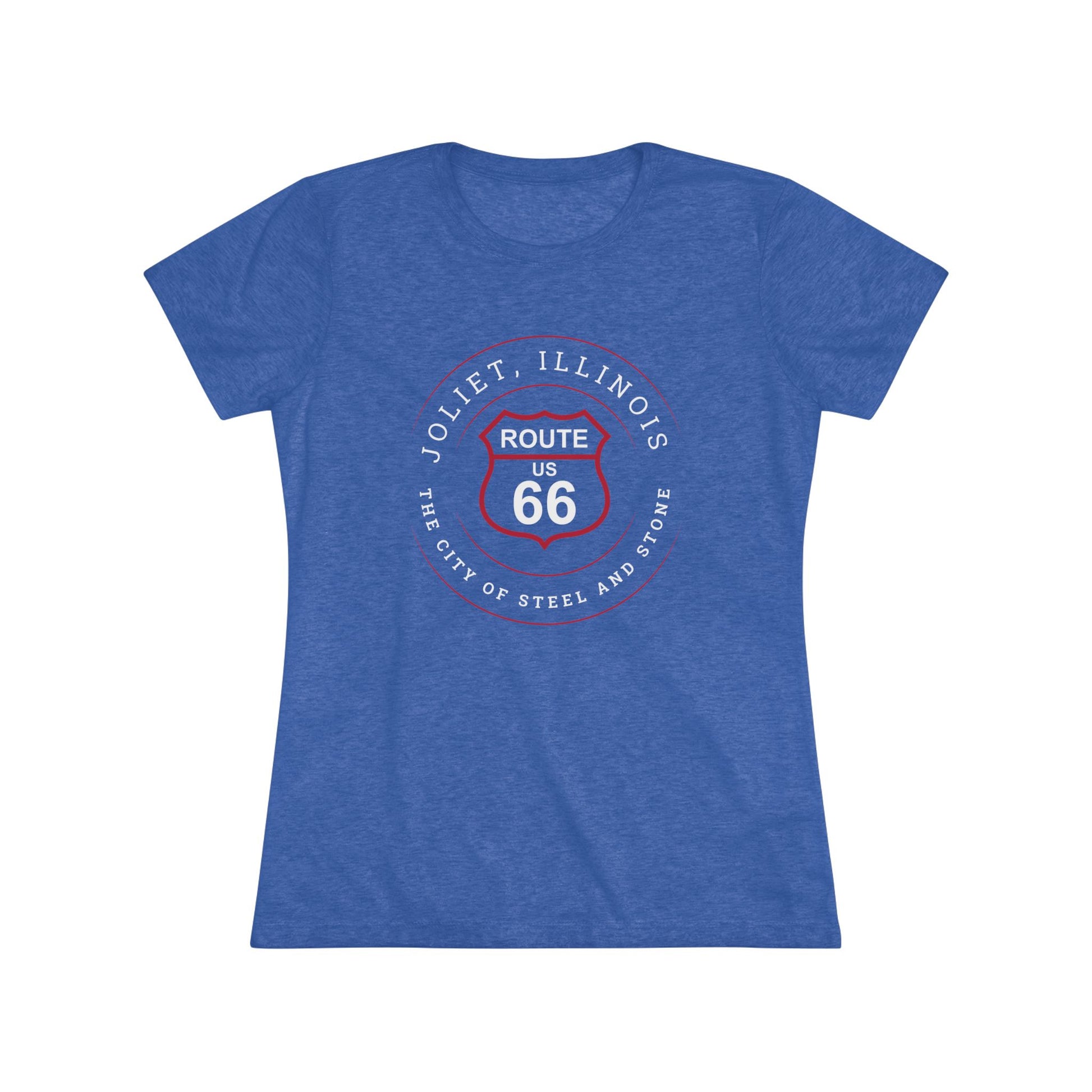 Tri-blend vintage royal retro Route 66 unisex jersey tee with Joliet, IL: "The City of Steel and Stone" design