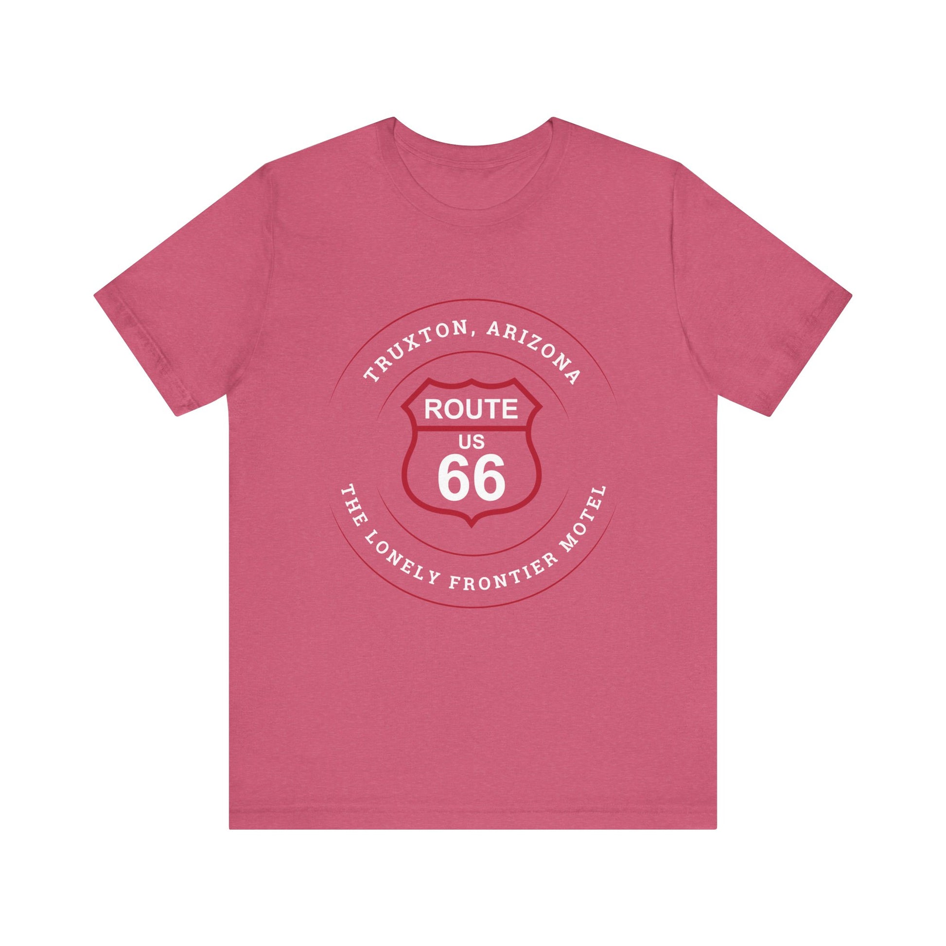 Heather raspberry retro Route 66 unisex jersey tee with Truxton, AZ: "The Lonely Frontier Motel" design