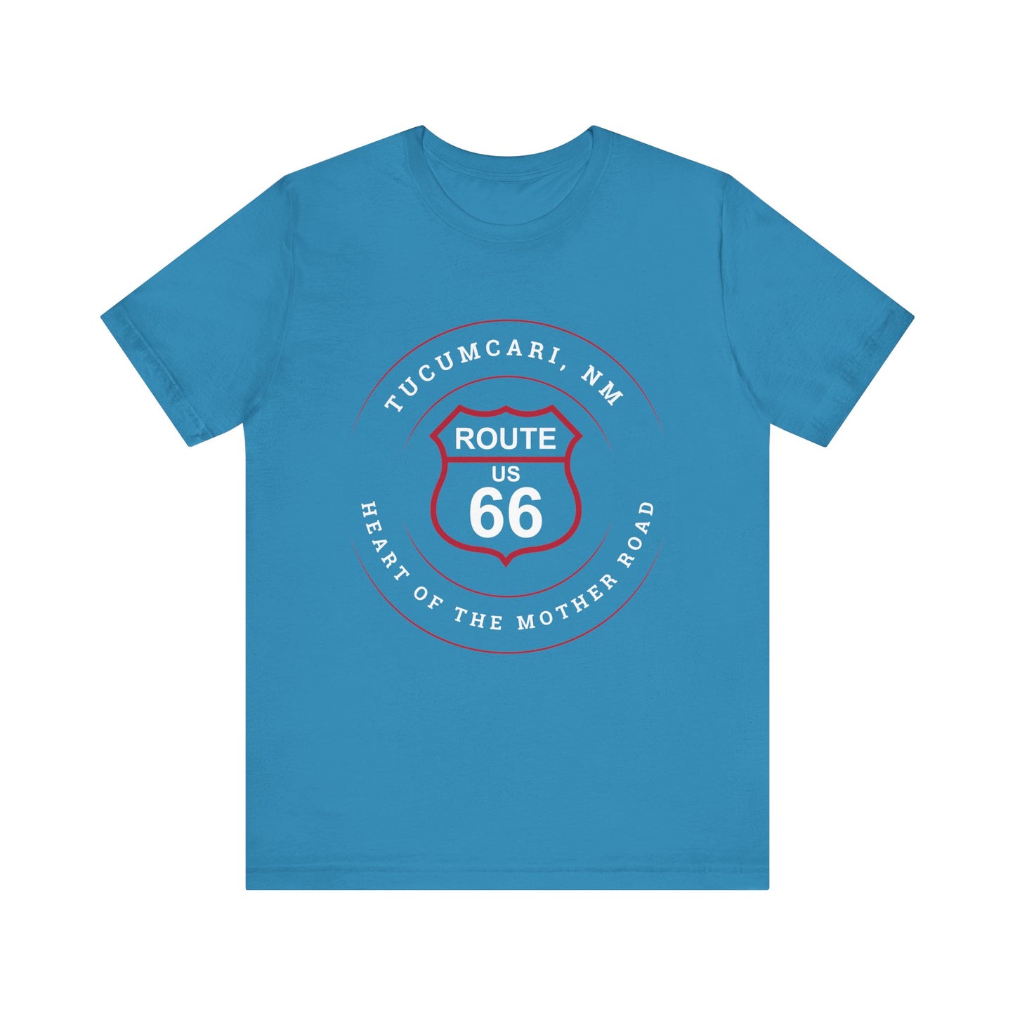Aqua retro Route 66 unisex jersey tee with Tucumcari, NM: "Heart of the Mother Road" design