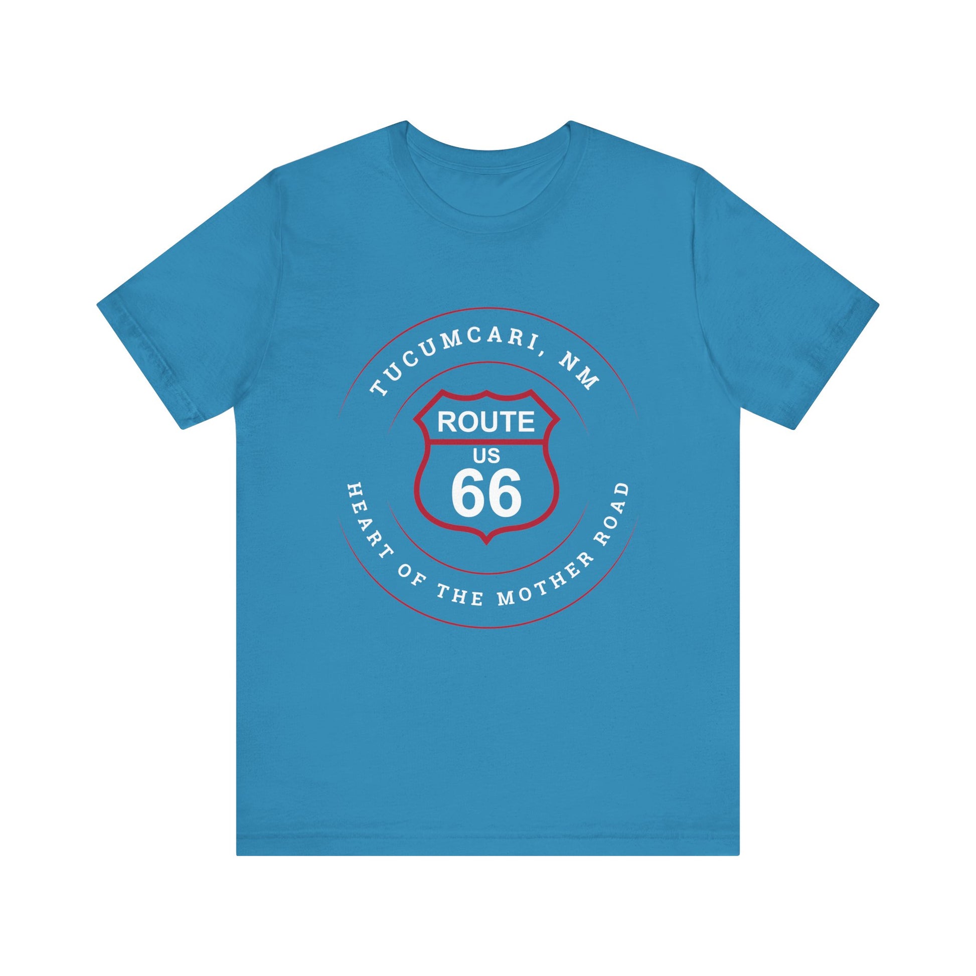 Aqua retro Route 66 unisex jersey tee with Tucumcari, NM: "Heart of the Mother Road" design