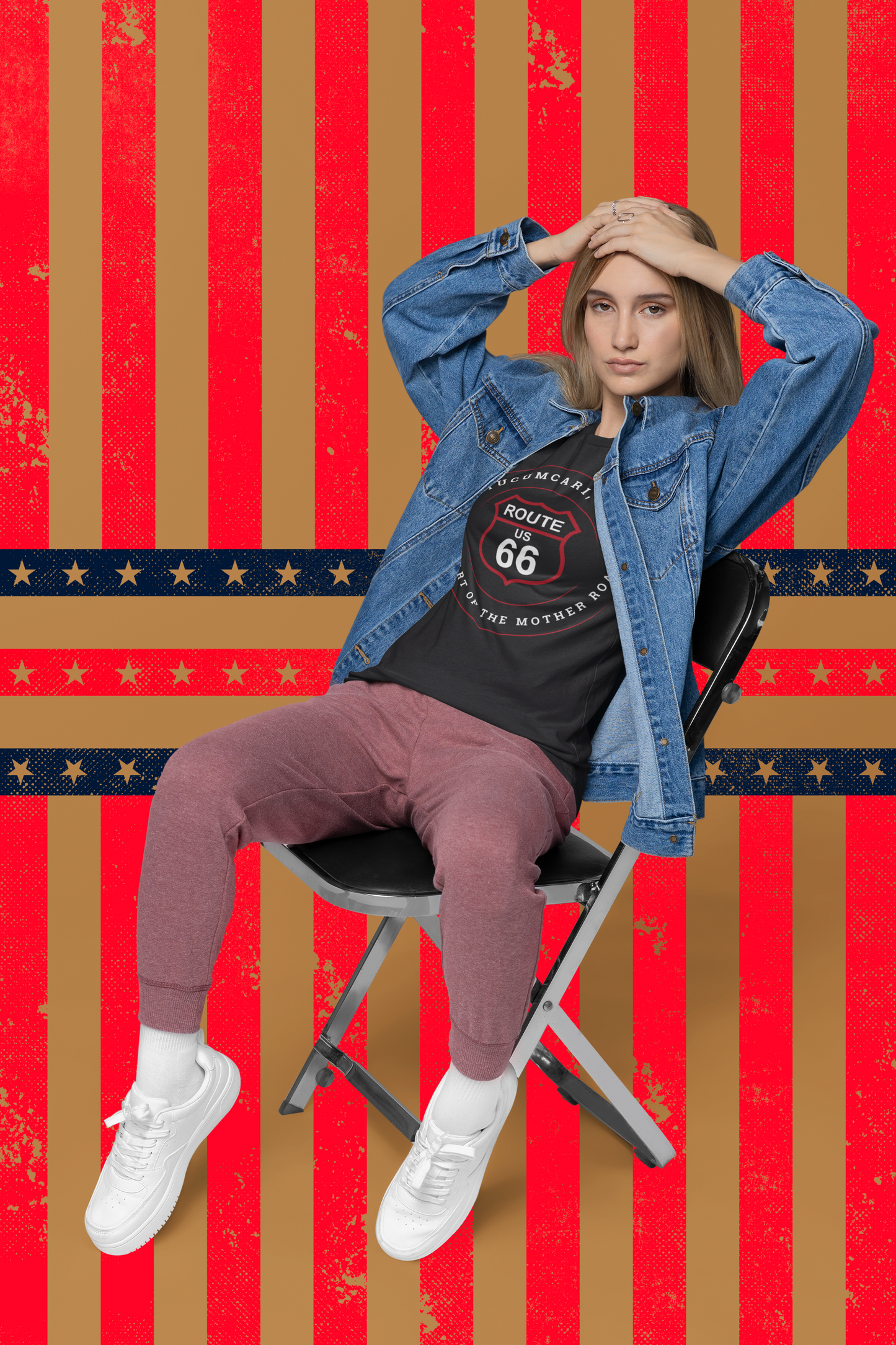 Female model wearing a black retro Route 66 unisex jersey tee with a Tucumcari, NM: "Heart of the Mother Road" design