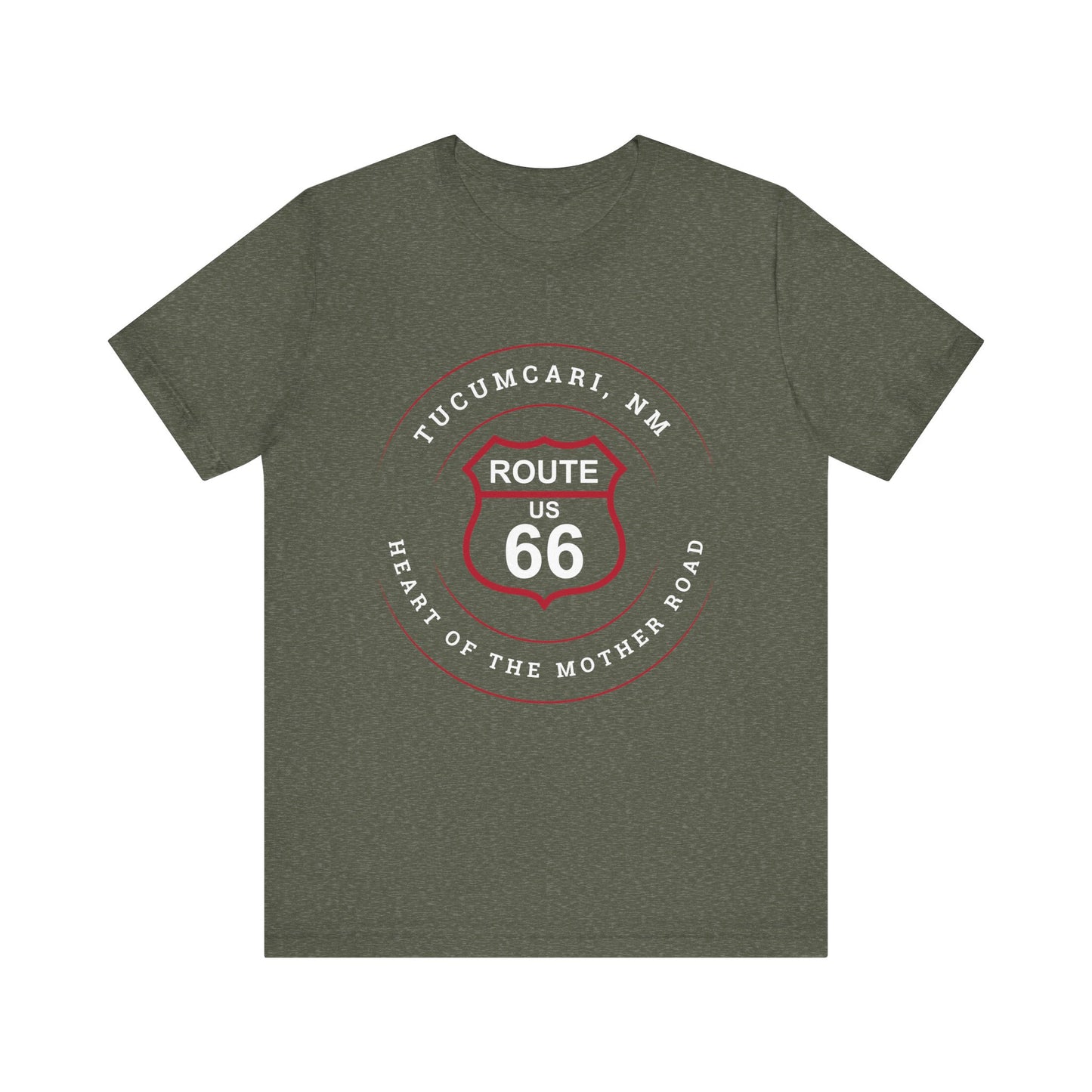 Heather military green retro Route 66 unisex jersey tee with Tucumcari, NM: "Heart of the Mother Road" design
