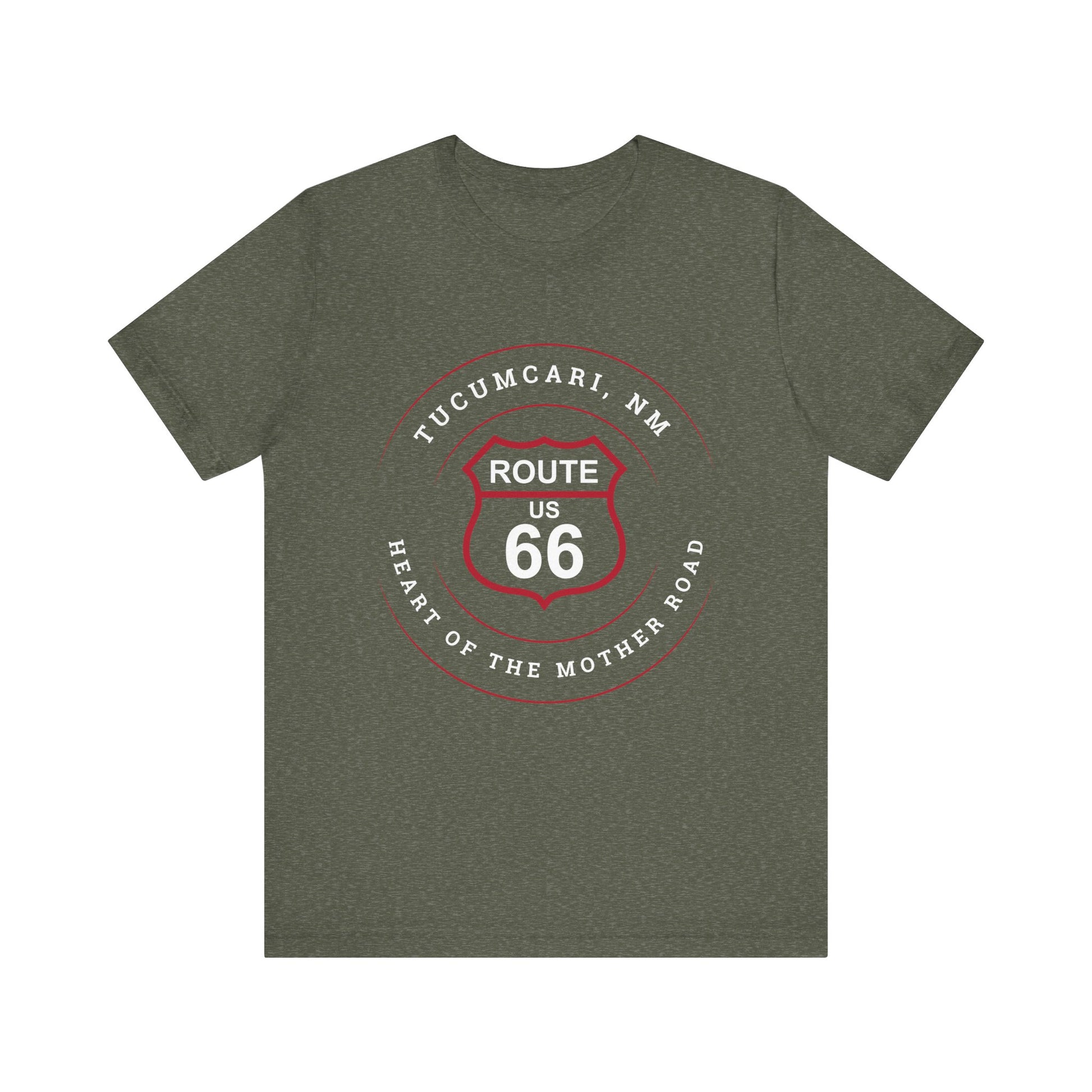 Heather military green retro Route 66 unisex jersey tee with Tucumcari, NM: "Heart of the Mother Road" design