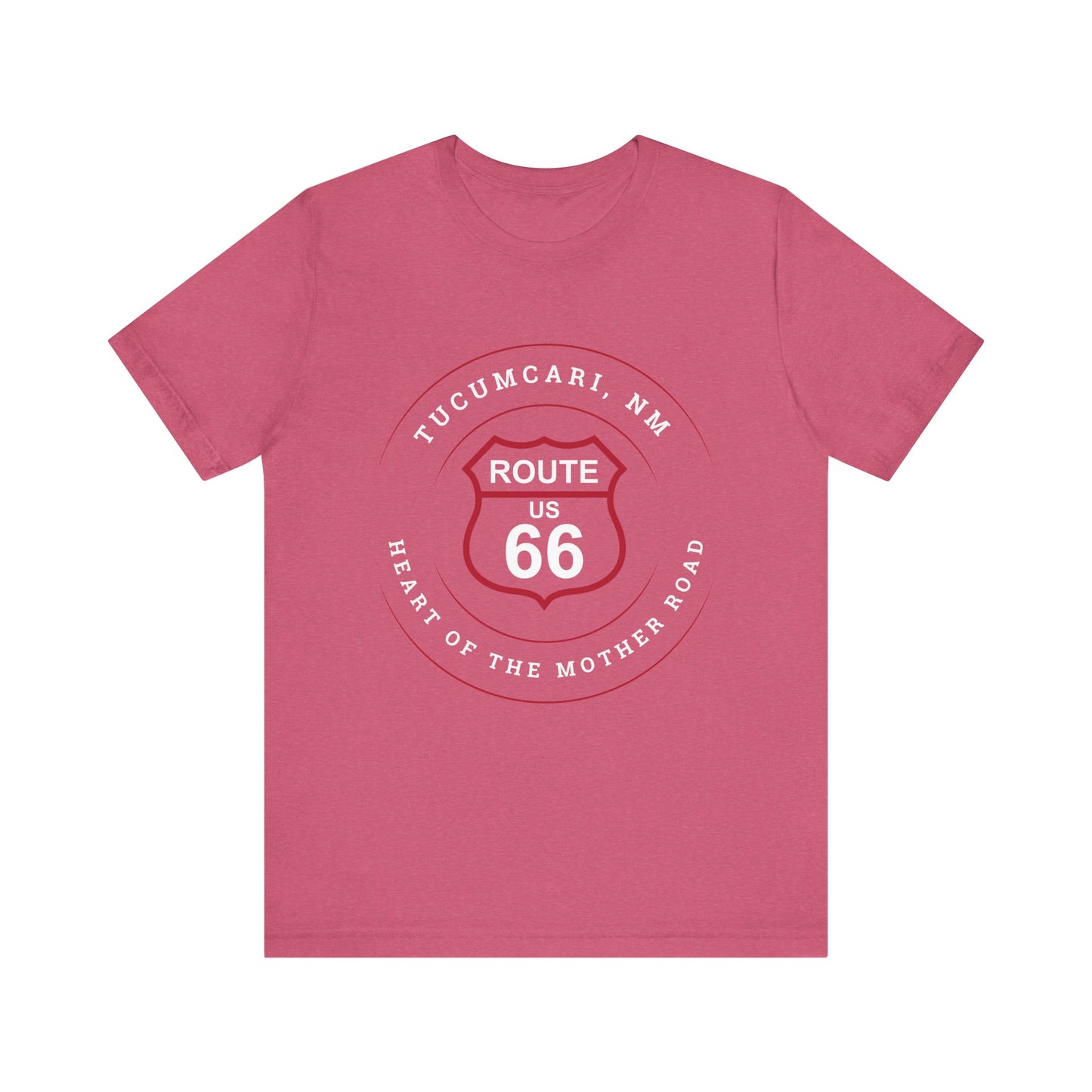 Heather raspberry retro Route 66 unisex jersey tee with Tucumcari, NM: "Heart of the Mother Road" design