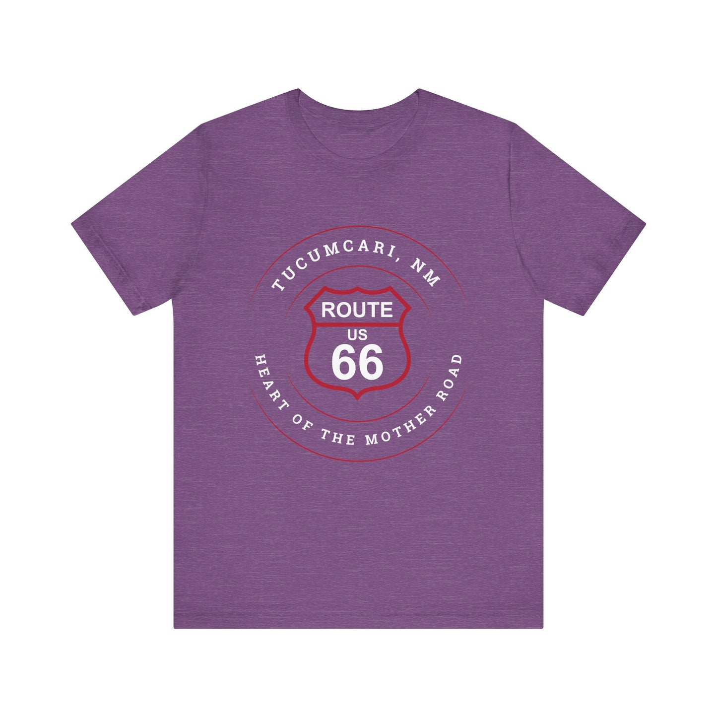 Heather team purple retro Route 66 unisex jersey tee with Tucumcari, NM: "Heart of the Mother Road" design