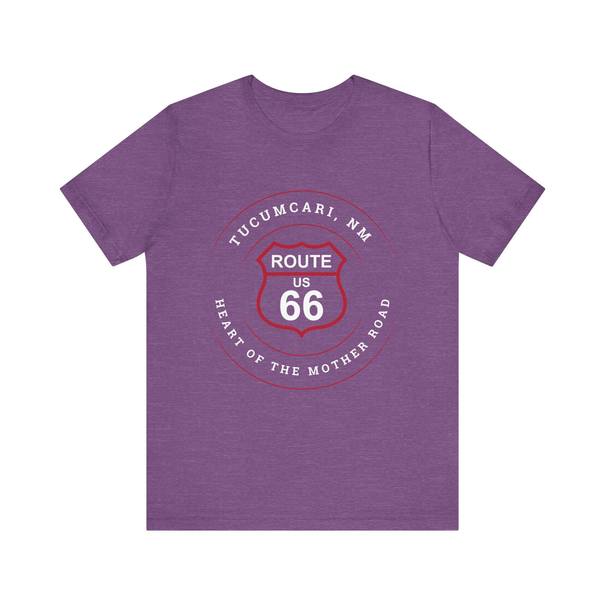 Heather team purple retro Route 66 unisex jersey tee with Tucumcari, NM: "Heart of the Mother Road" design