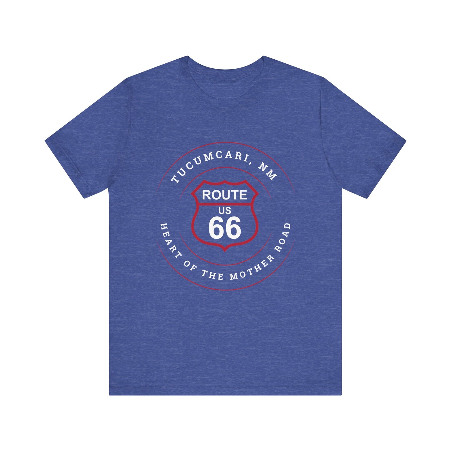 Heather true royal retro Route 66 unisex jersey tee with Tucumcari, NM: "Heart of the Mother Road" design
