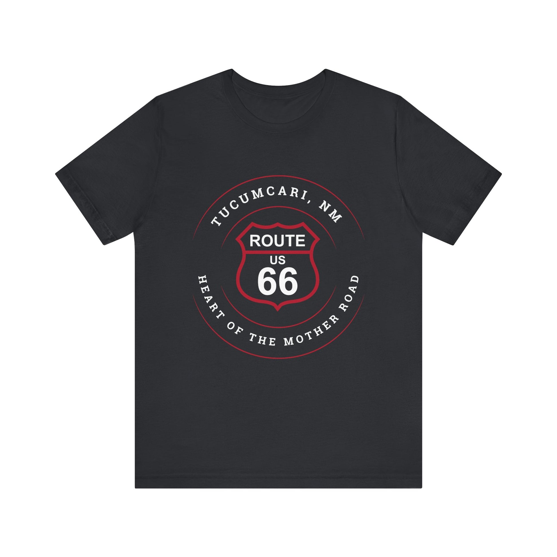 Vintage black retro Route 66 unisex jersey tee with Tucumcari, NM: "Heart of the Mother Road" design