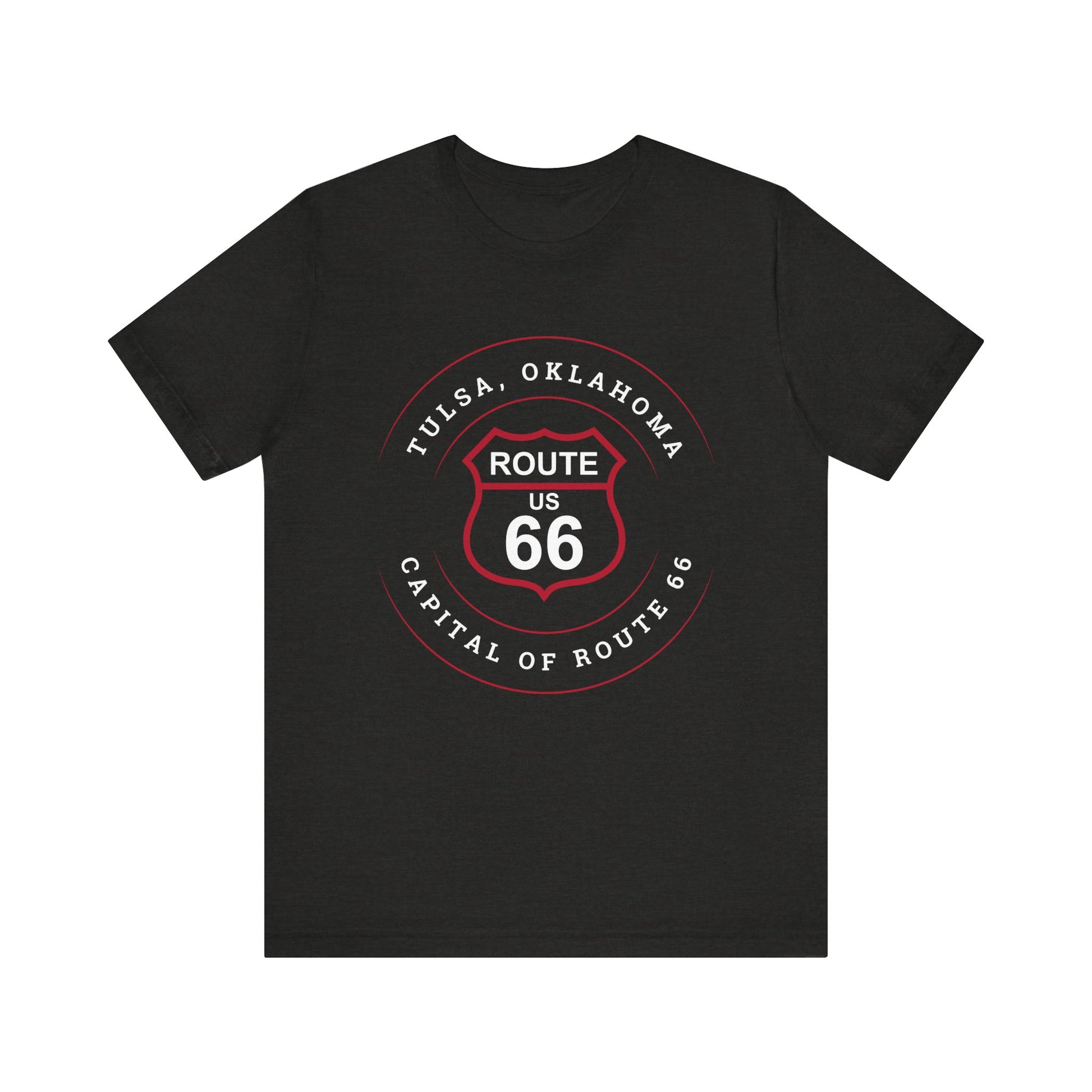 Black retro Route 66 unisex jersey tee with Tulsa, OK "Capital of Route 66" design