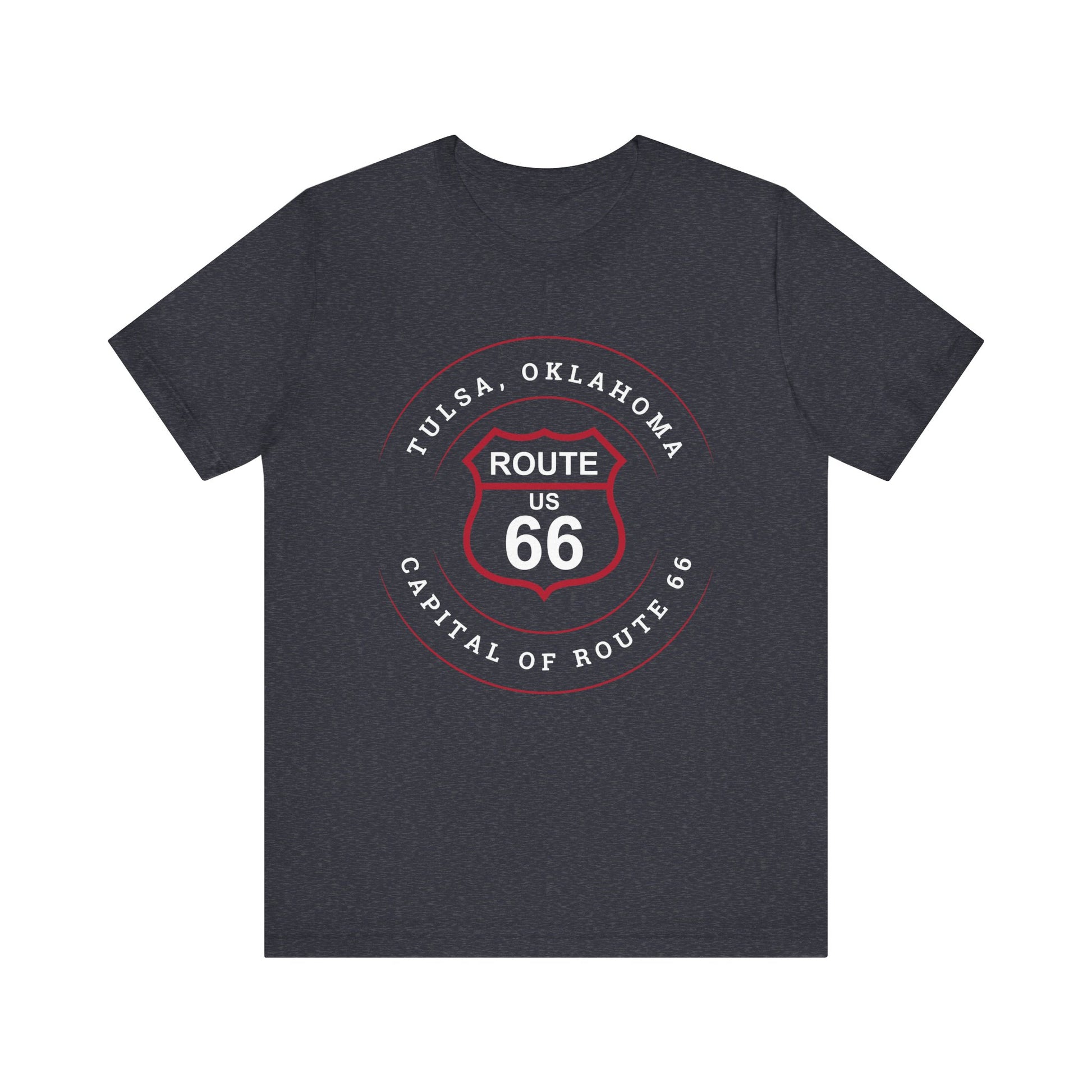 Heather navy retro Route 66 unisex jersey tee with Tulsa, OK "Capital of Route 66" design