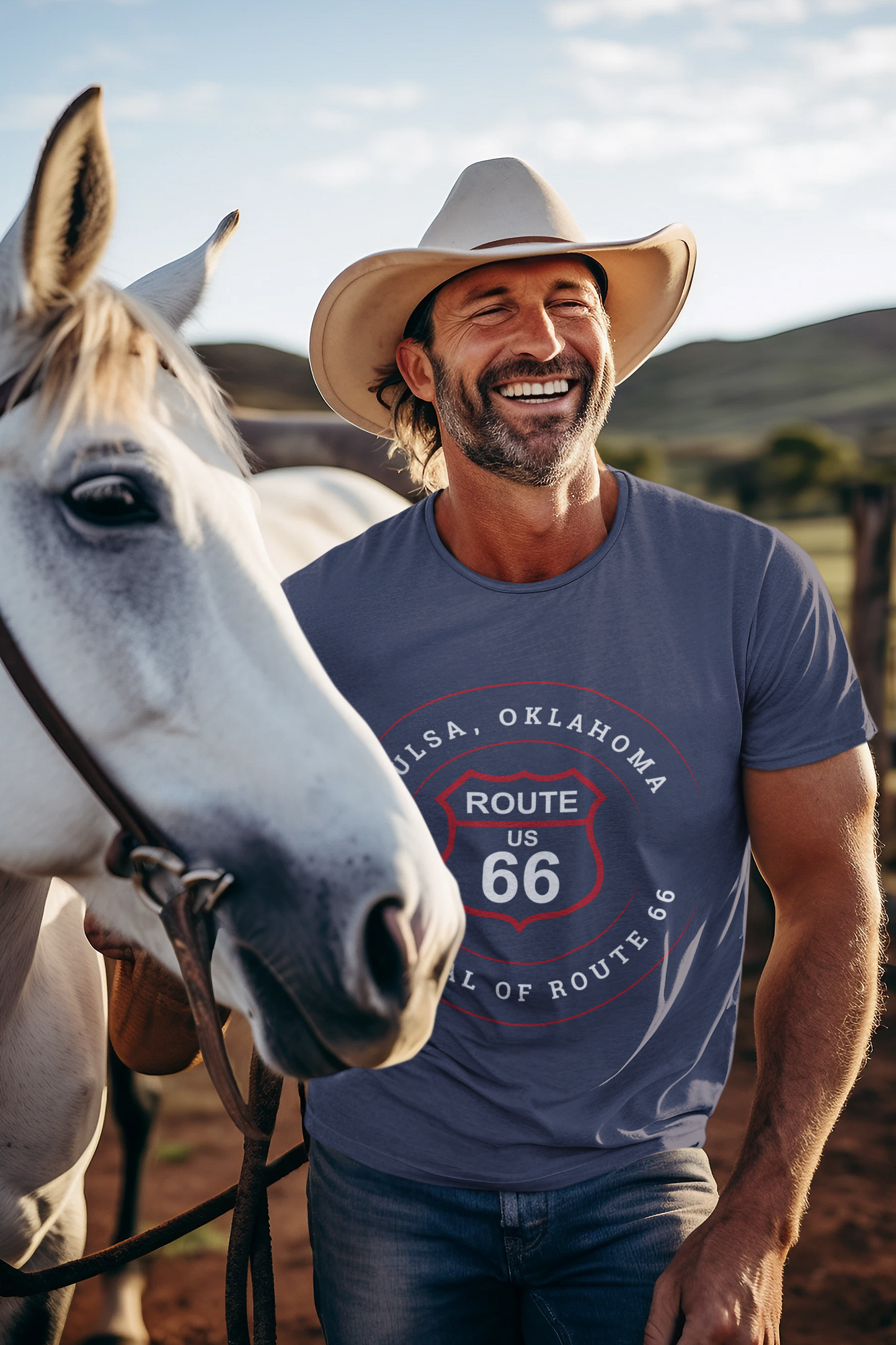 Heather true royal retro Route 66 unisex jersey tee with Tulsa, OK 'Capital of Route 66' design, worn by a smiling man in a cowboy hat standing beside a white horse in a Oklahoma ranch setting