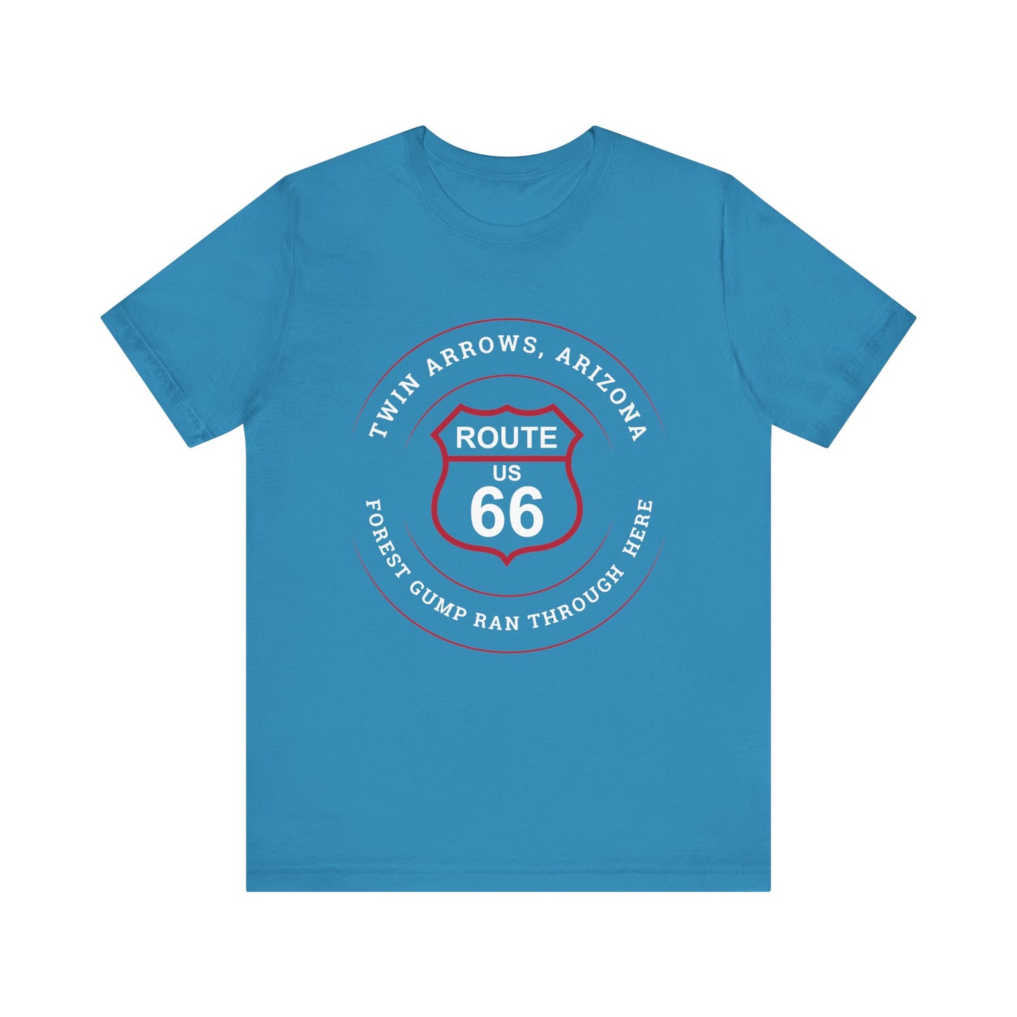 Aqua retro Route 66 unisex jersey tee with Twin Arrows, AZ: "Forrest Gump Ran Through Here" design
