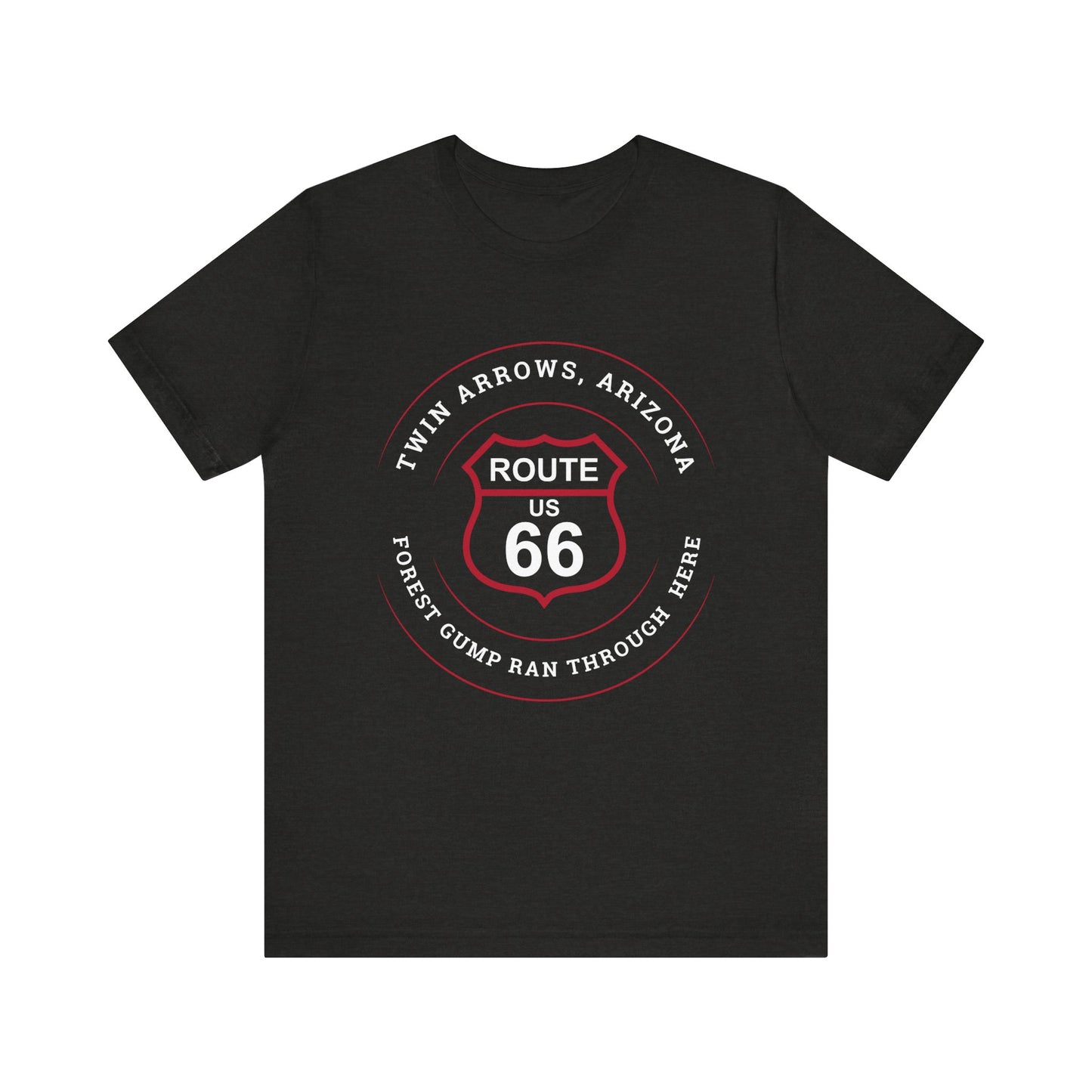 Black heather retro Route 66 unisex jersey tee with Twin Arrows, AZ: "Forrest Gump Ran Through Here" design