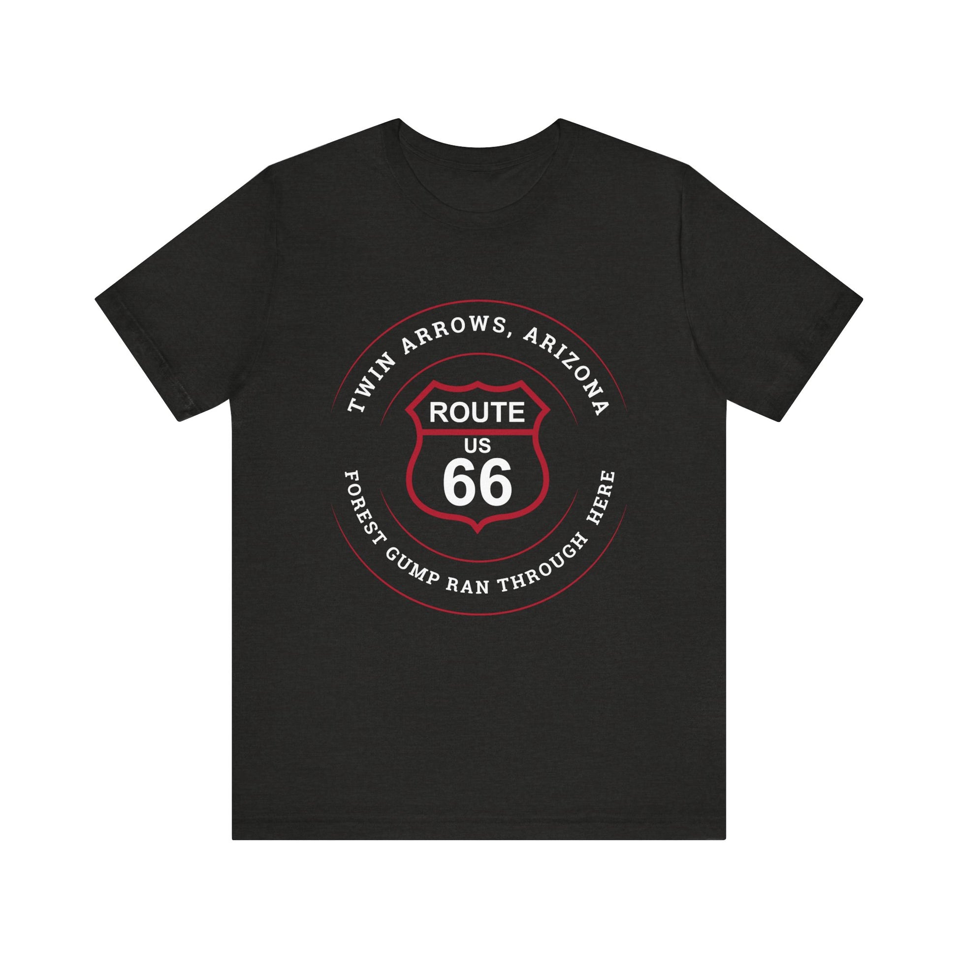Black heather retro Route 66 unisex jersey tee with Twin Arrows, AZ: "Forrest Gump Ran Through Here" design