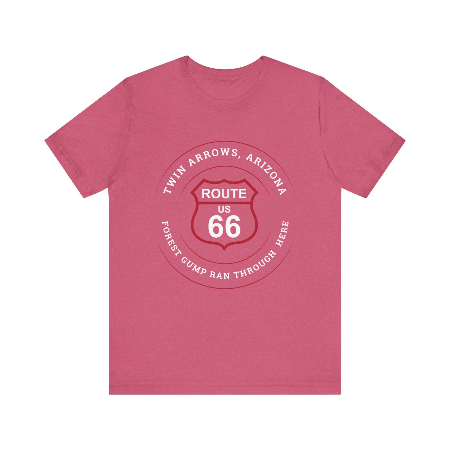 Heather raspberry retro Route 66 unisex jersey tee with Twin Arrows, AZ: "Forrest Gump Ran Through Here" design