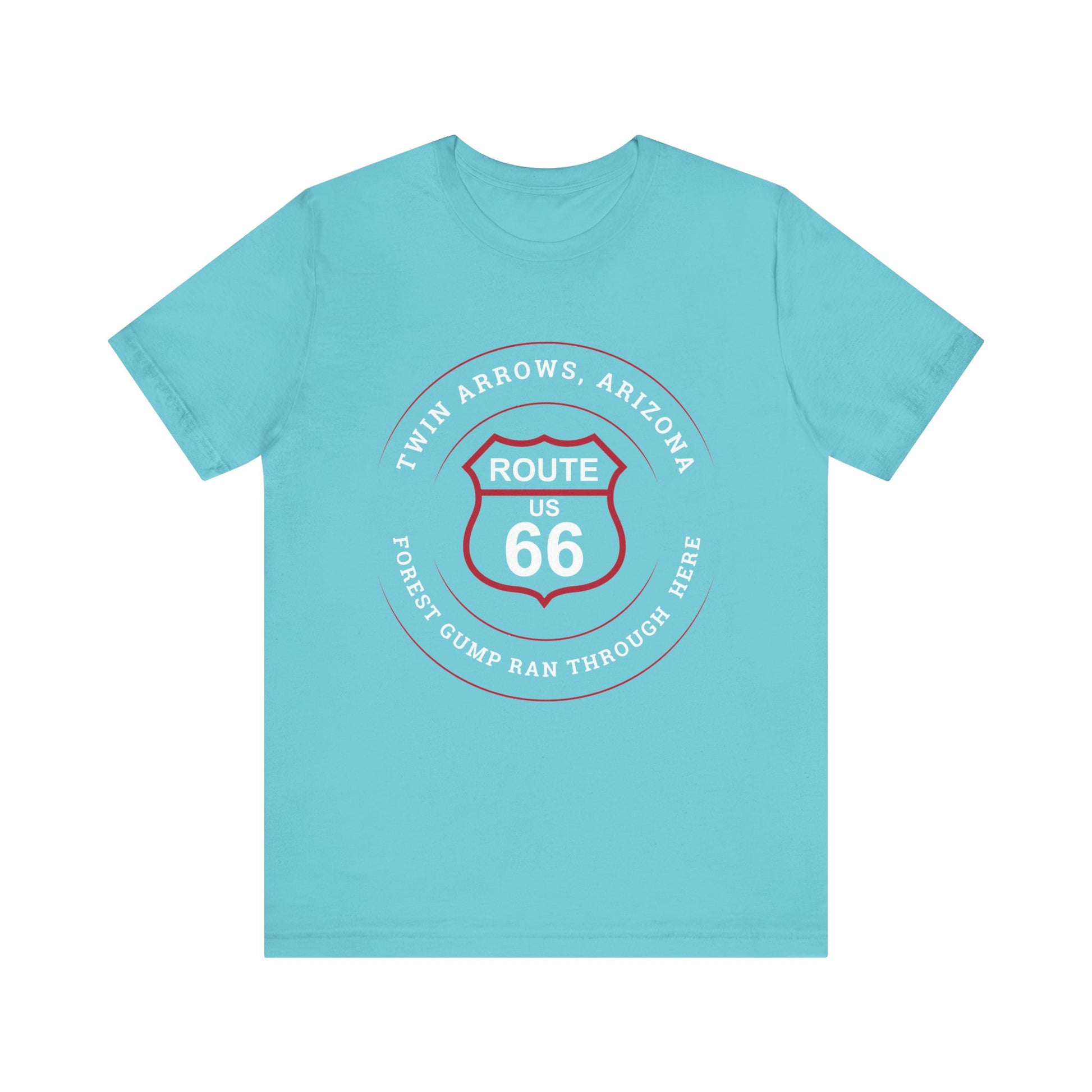 Turquoise retro Route 66 unisex jersey tee with Twin Arrows, AZ: "Forrest Gump Ran Through Here" design
