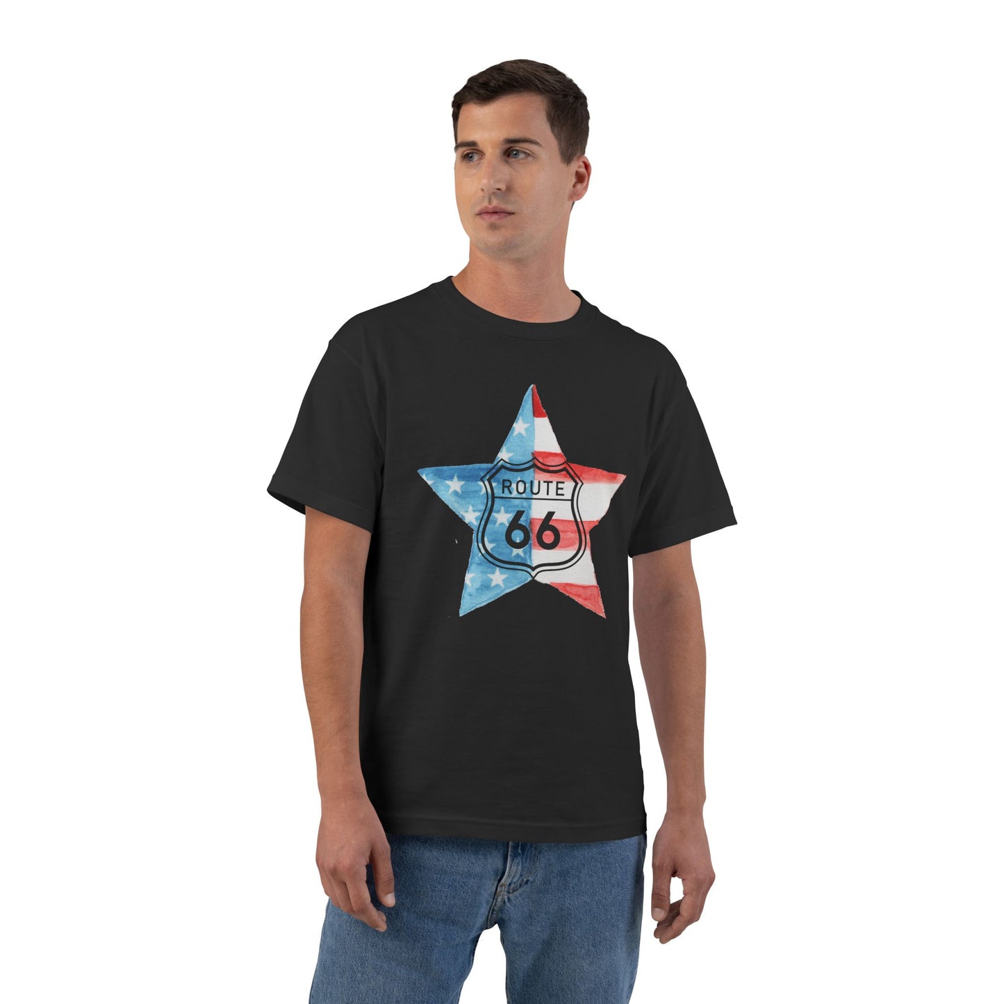 A man in a black t-shirt and blue jeans stands against a white background, modeling a graphic featuring a star-shaped American flag design with the Route 66 shield sign centered on top.