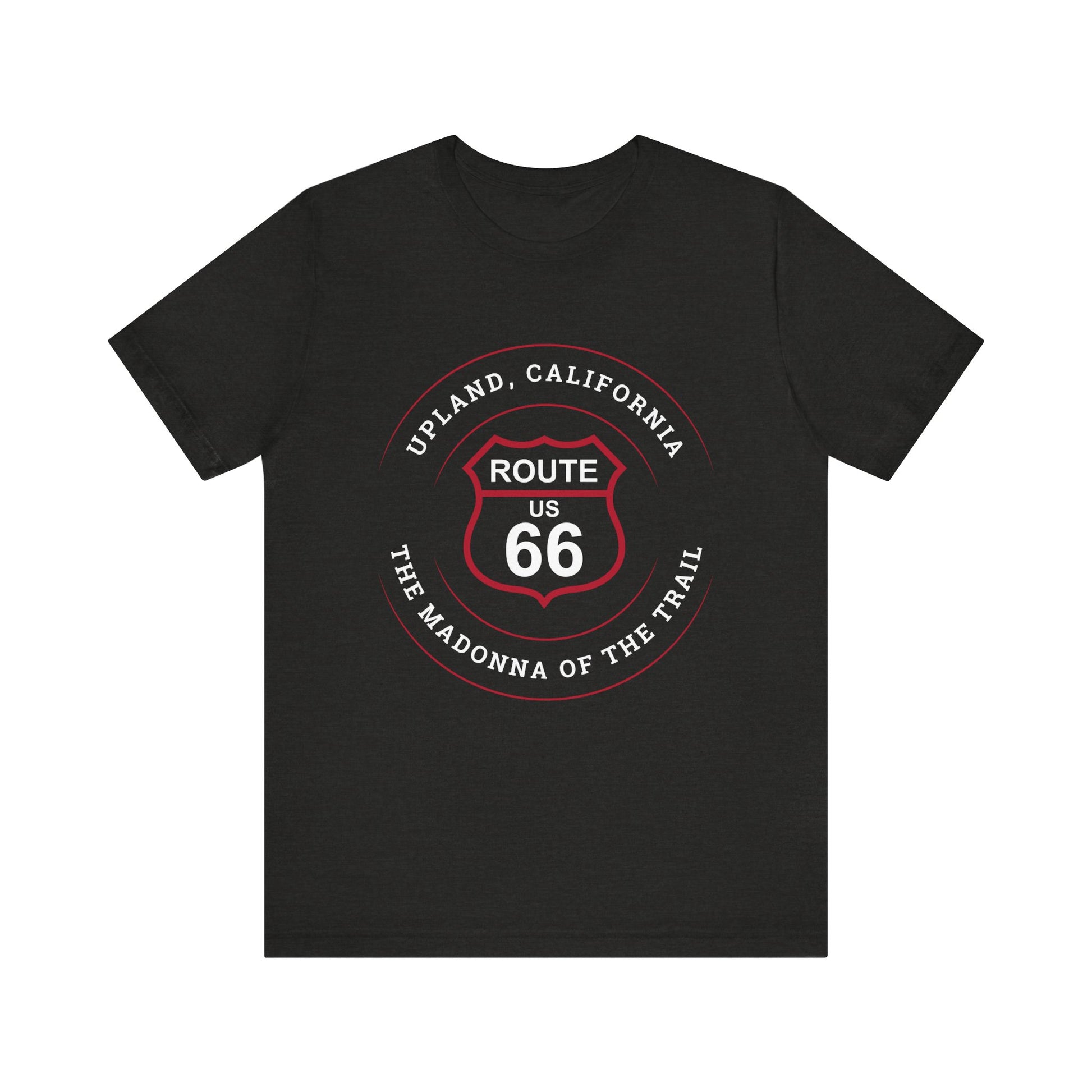 Black heather retro Route 66 unisex jersey tee with Upland, CA: "The Madonna of the Trail" design