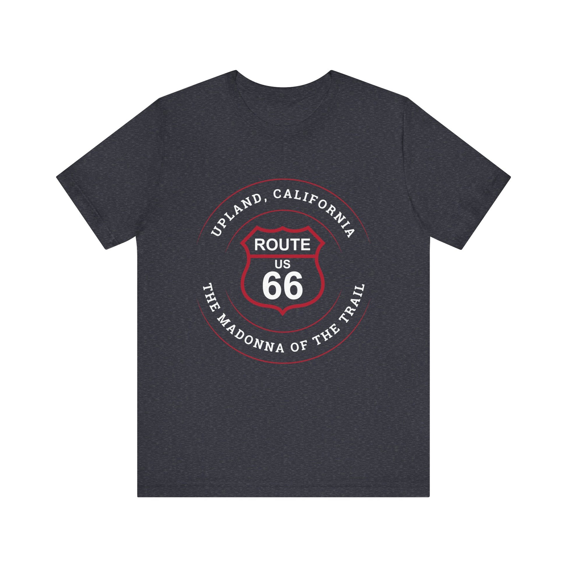 Heather navy retro Route 66 unisex jersey tee with Upland, CA: "The Madonna of the Trail" design