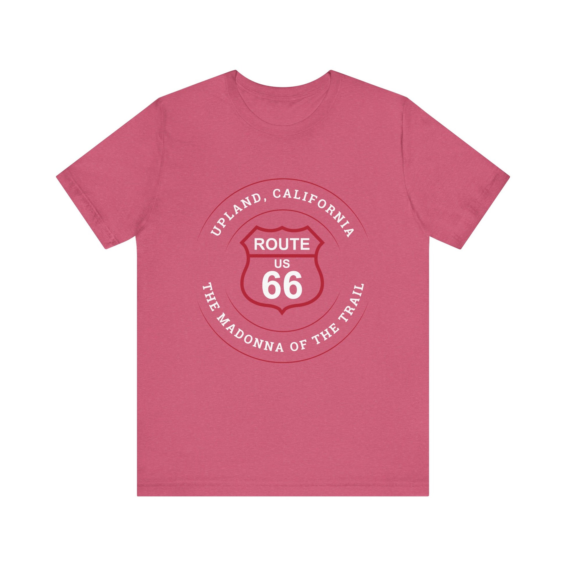 Heather raspberry retro Route 66 unisex jersey tee with Upland, CA: "The Madonna of the Trail" design