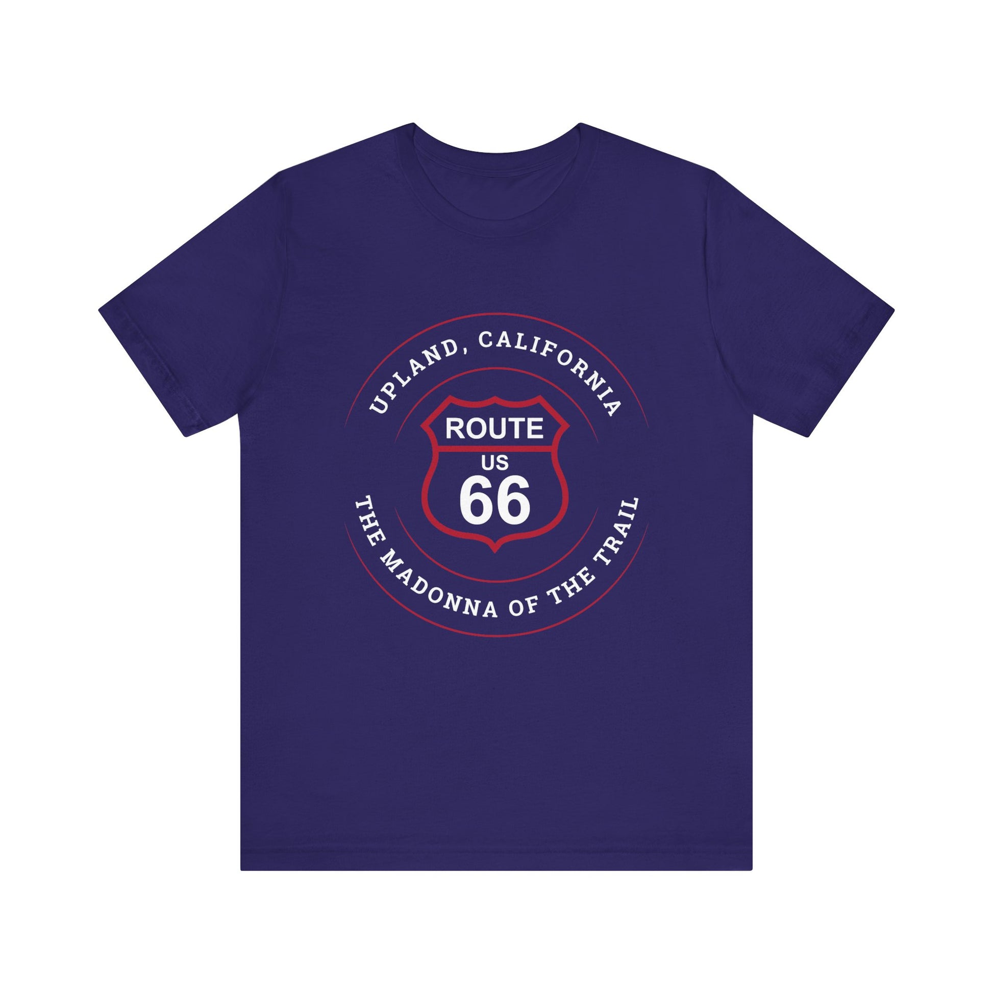 Team navy retro Route 66 unisex jersey tee with Upland, CA: "The Madonna of the Trail" design