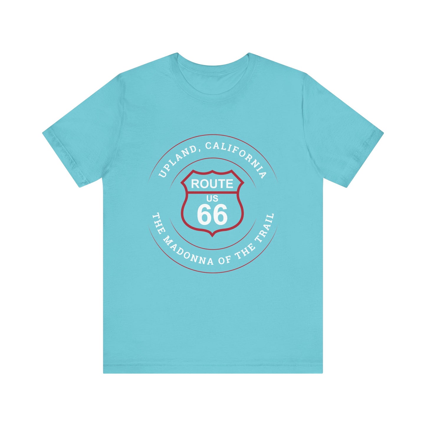 Turquoise retro Route 66 unisex jersey tee with Upland, CA: "The Madonna of the Trail" design
