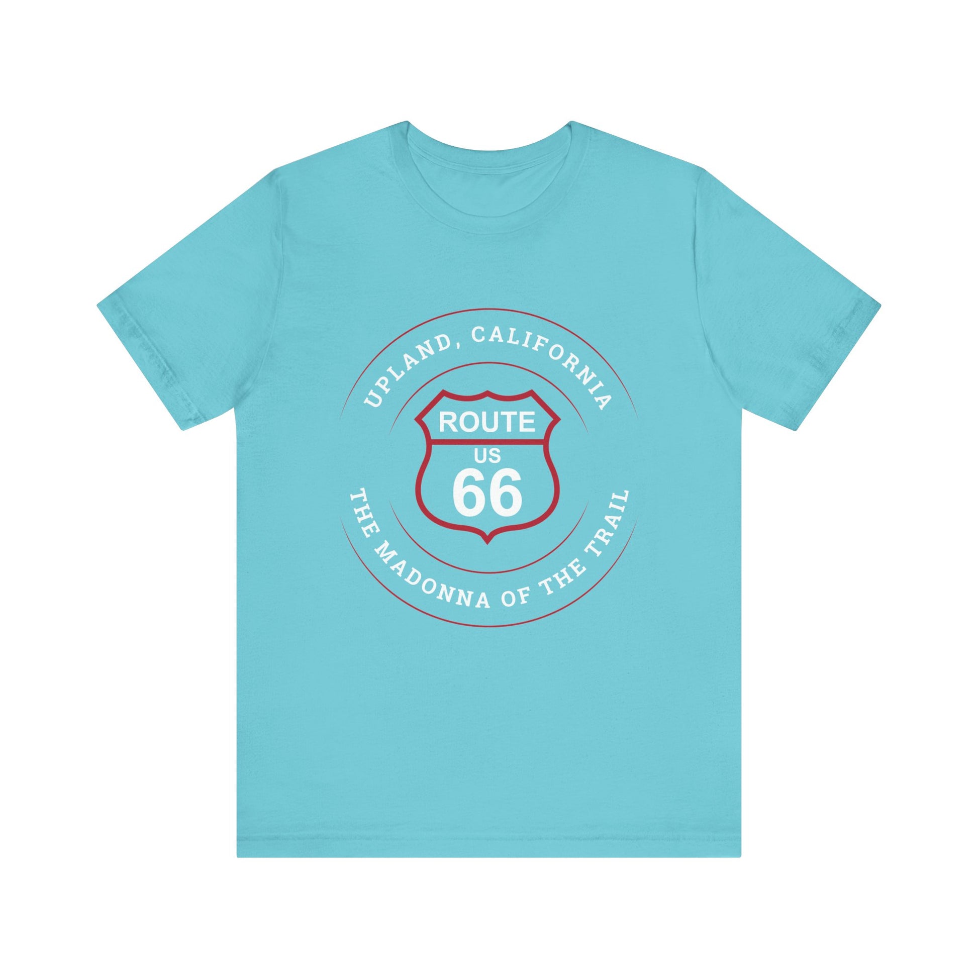 Turquoise retro Route 66 unisex jersey tee with Upland, CA: "The Madonna of the Trail" design