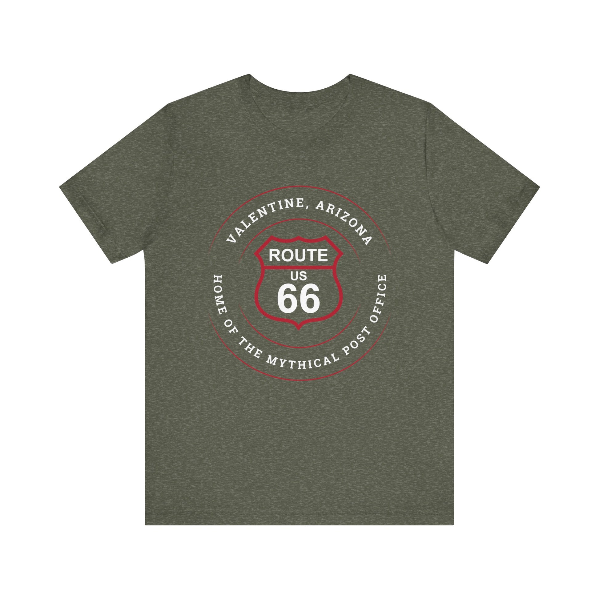 Heather military green retro Route 66 unisex jersey tee with Valentine, AZ: "Home of the Mythical Post Office" design