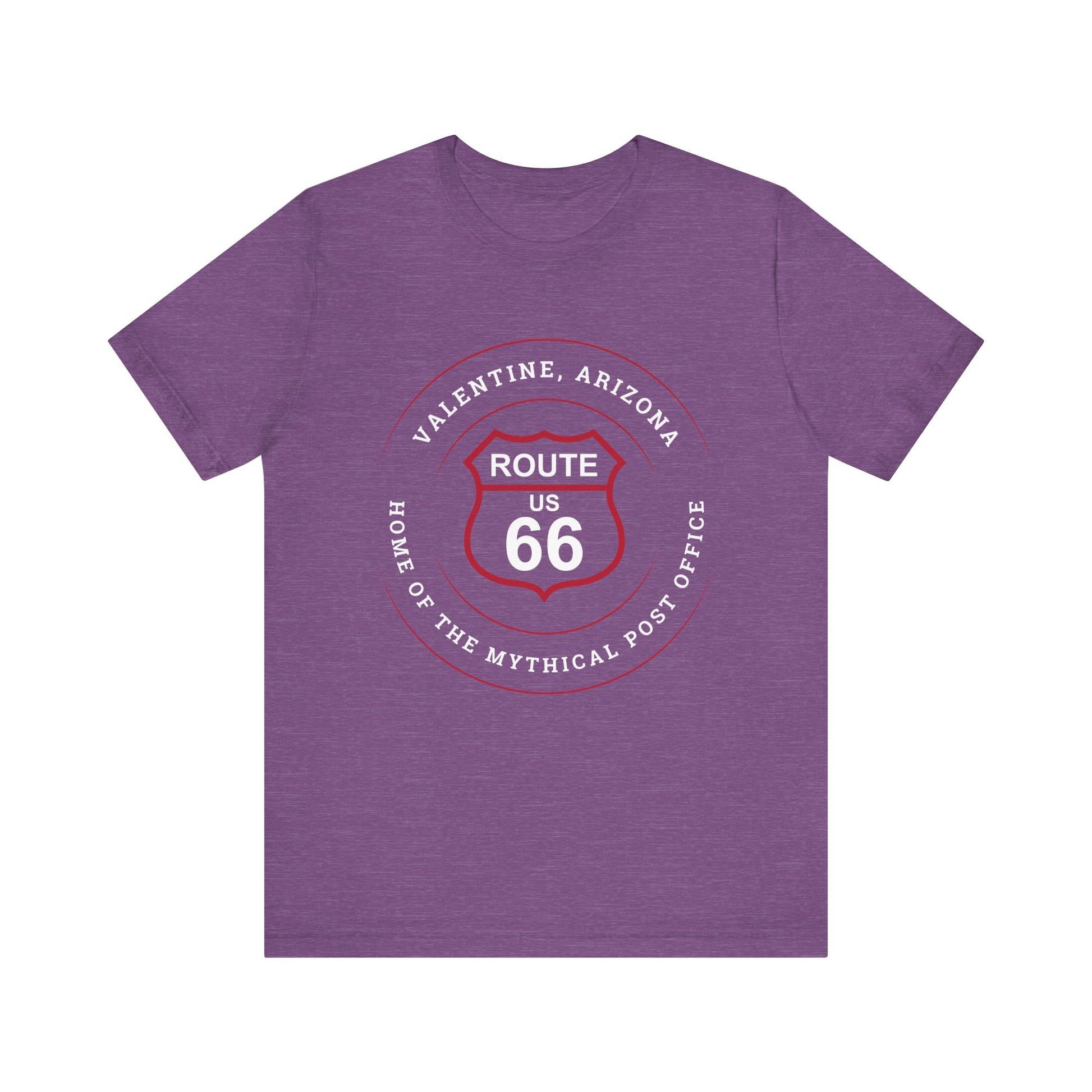 Heather team purple retro Route 66 unisex jersey tee with Valentine, AZ: "Home of the Mythical Post Office" design