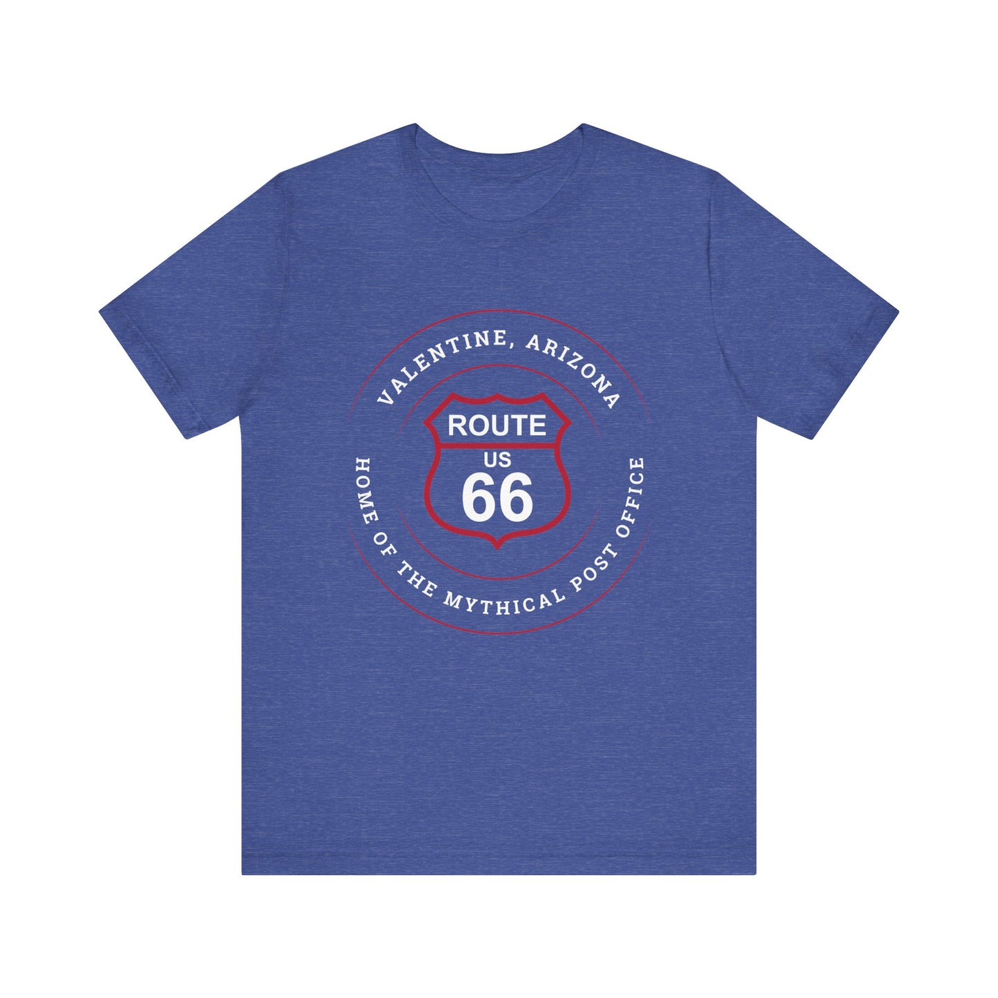 Heather true royal retro Route 66 unisex jersey tee with Valentine, AZ: "Home of the Mythical Post Office" design