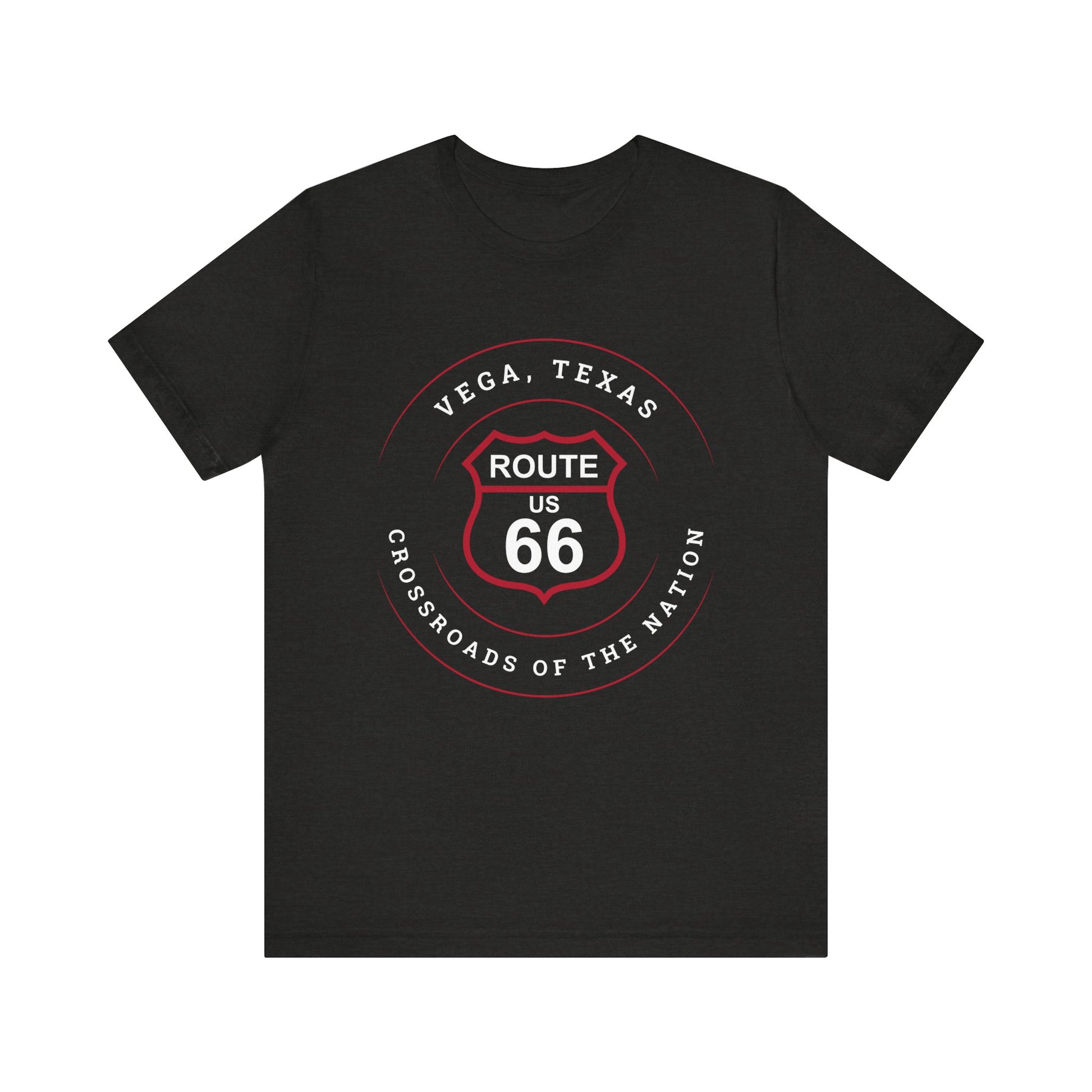 Black heather retro Route 66 unisex jersey tee with Vega, TX: Crossroads of the Nation graphic