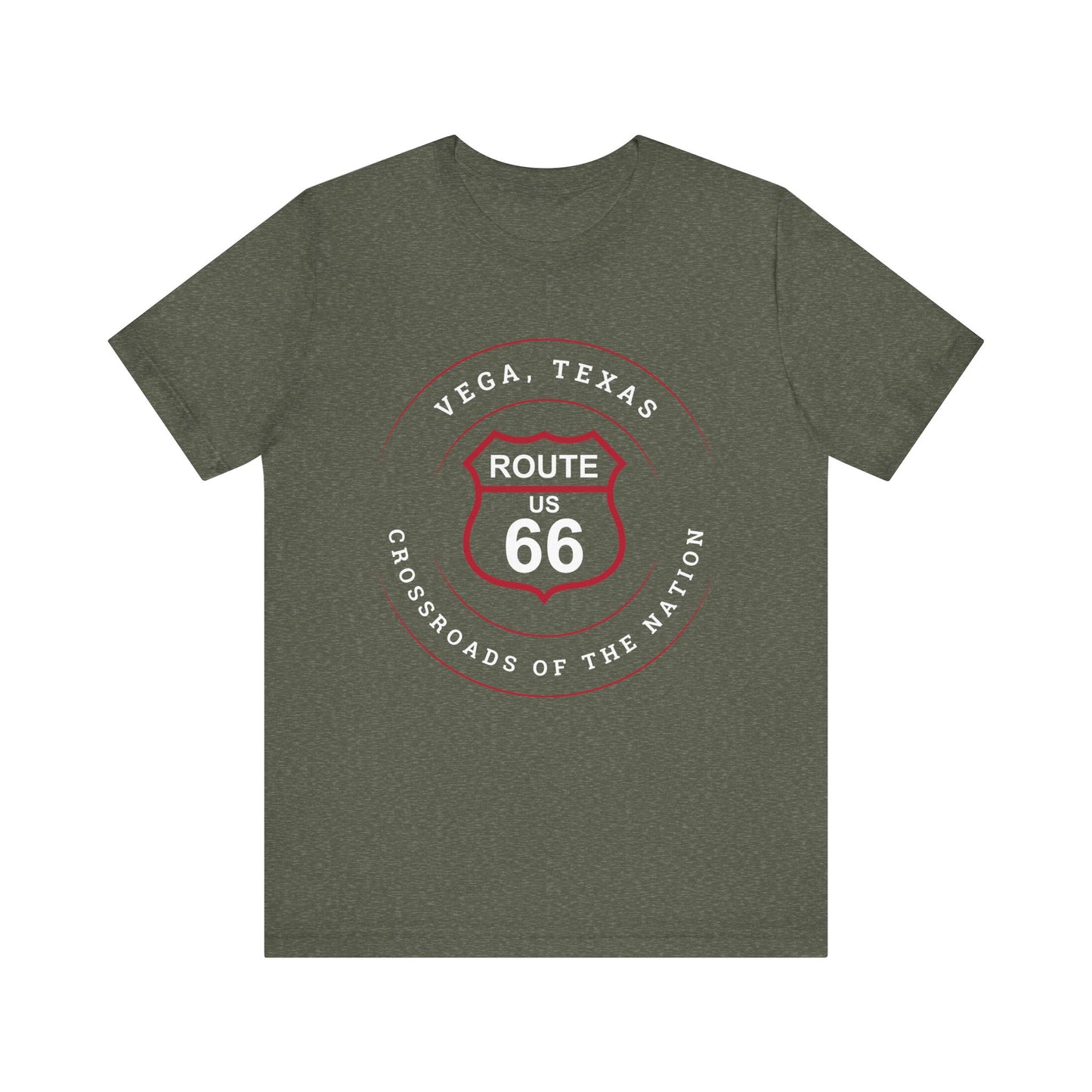 Heather military green retro Route 66 unisex jersey tee with Vega, TX: Crossroads of the Nation graphic