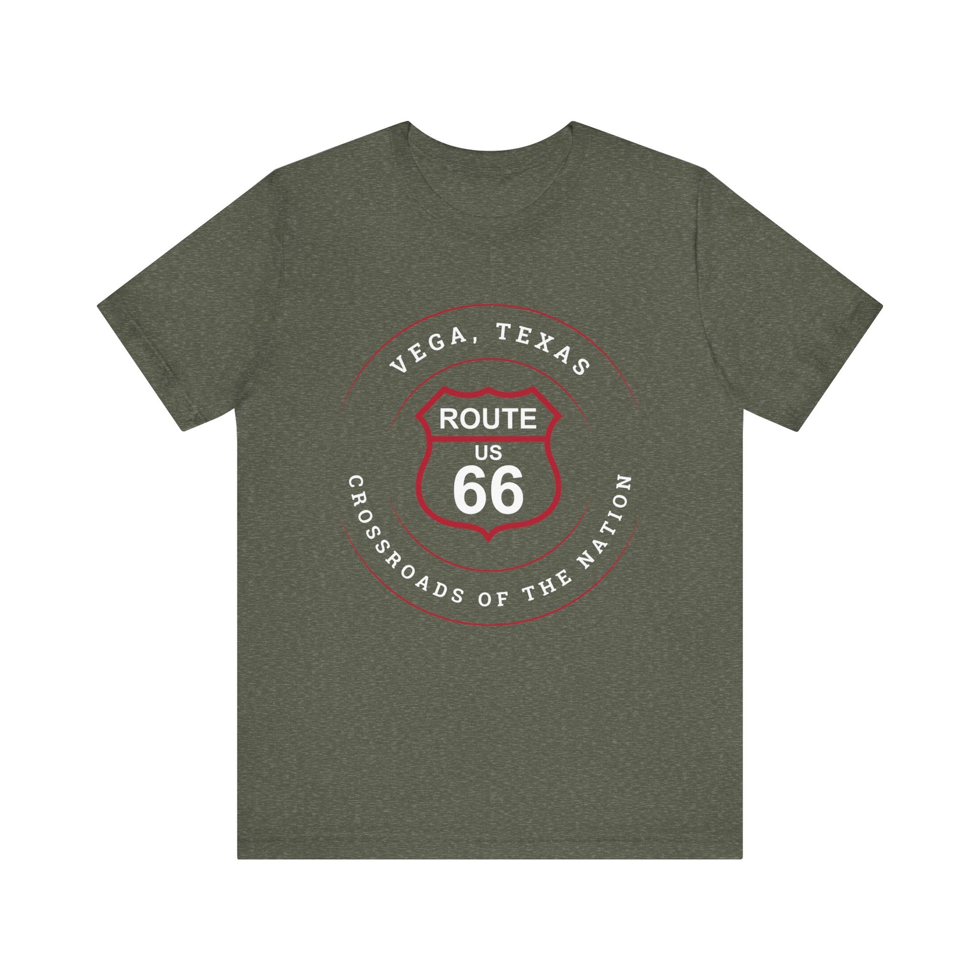 Heather military green retro Route 66 unisex jersey tee with Vega, TX: Crossroads of the Nation graphic