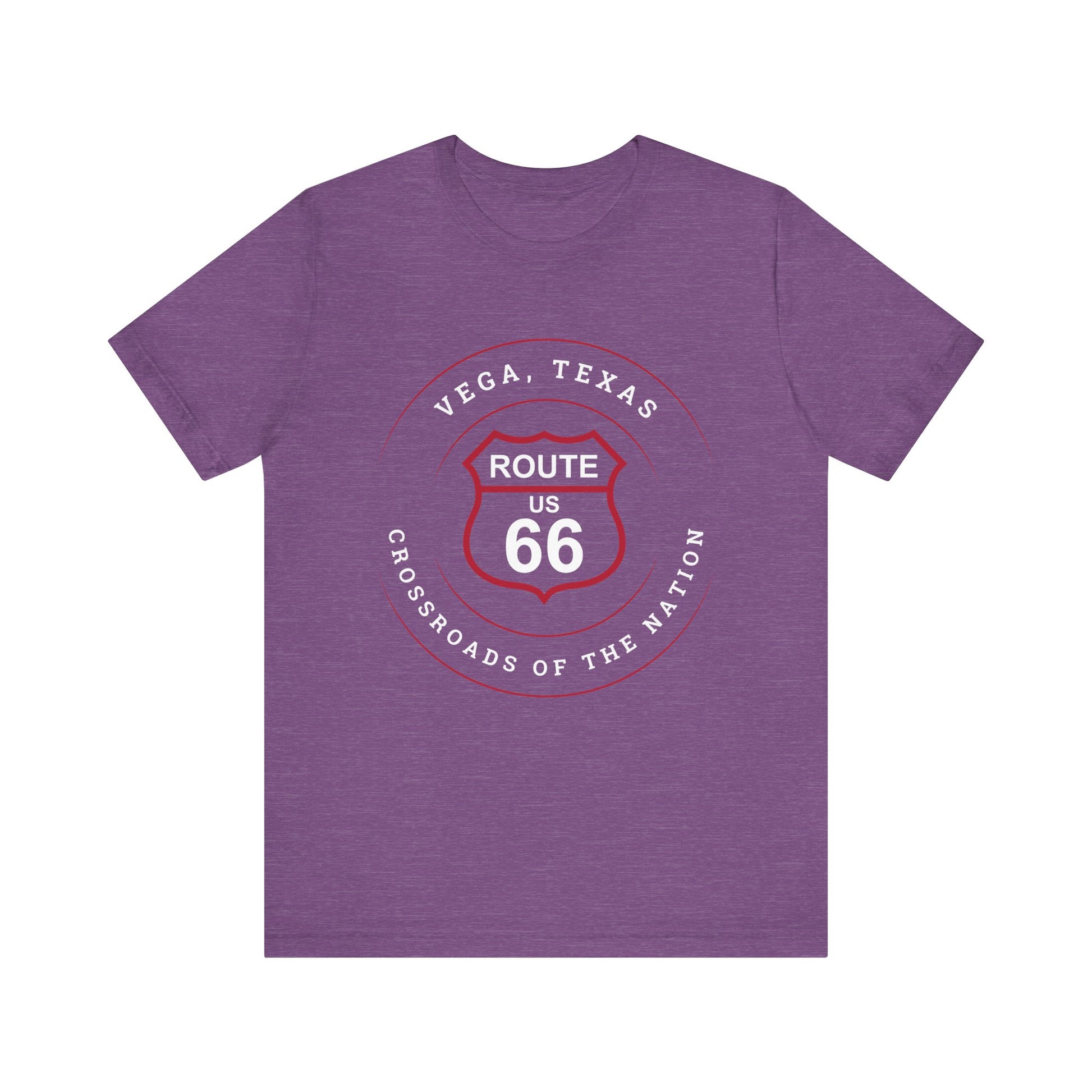 Heather team purple retro Route 66 unisex jersey tee with Vega, TX: Crossroads of the Nation graphic