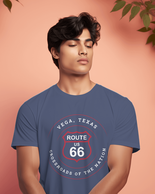 Male model wearing heather true royal retro Route 66 unisex jersey tee with Vega, TX: Crossroads of the Nation